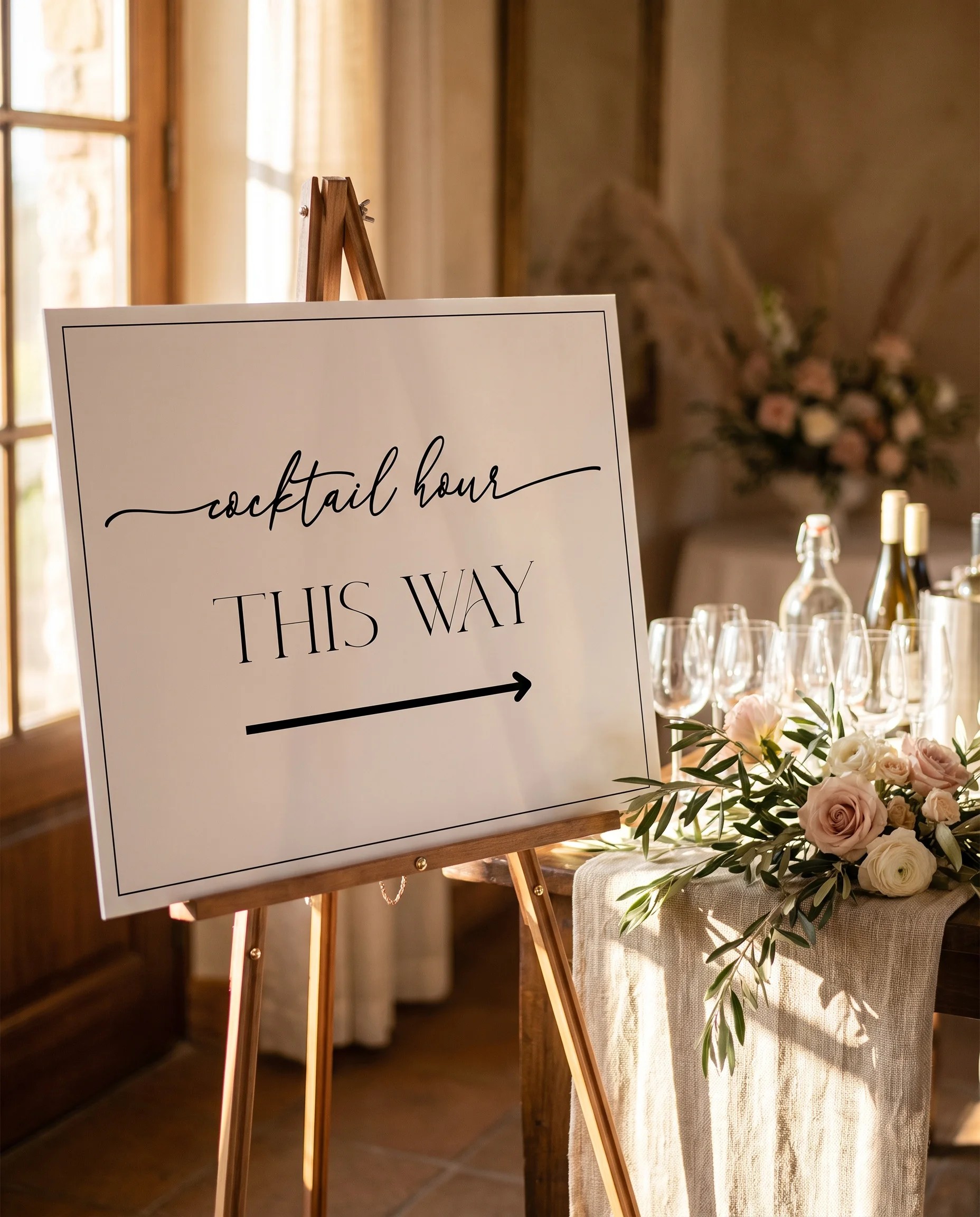 Aurelian wedding cocktail hour sign — displayed beside a drinks station on premium editorial paper in soft natural light, cocktail hour sign.