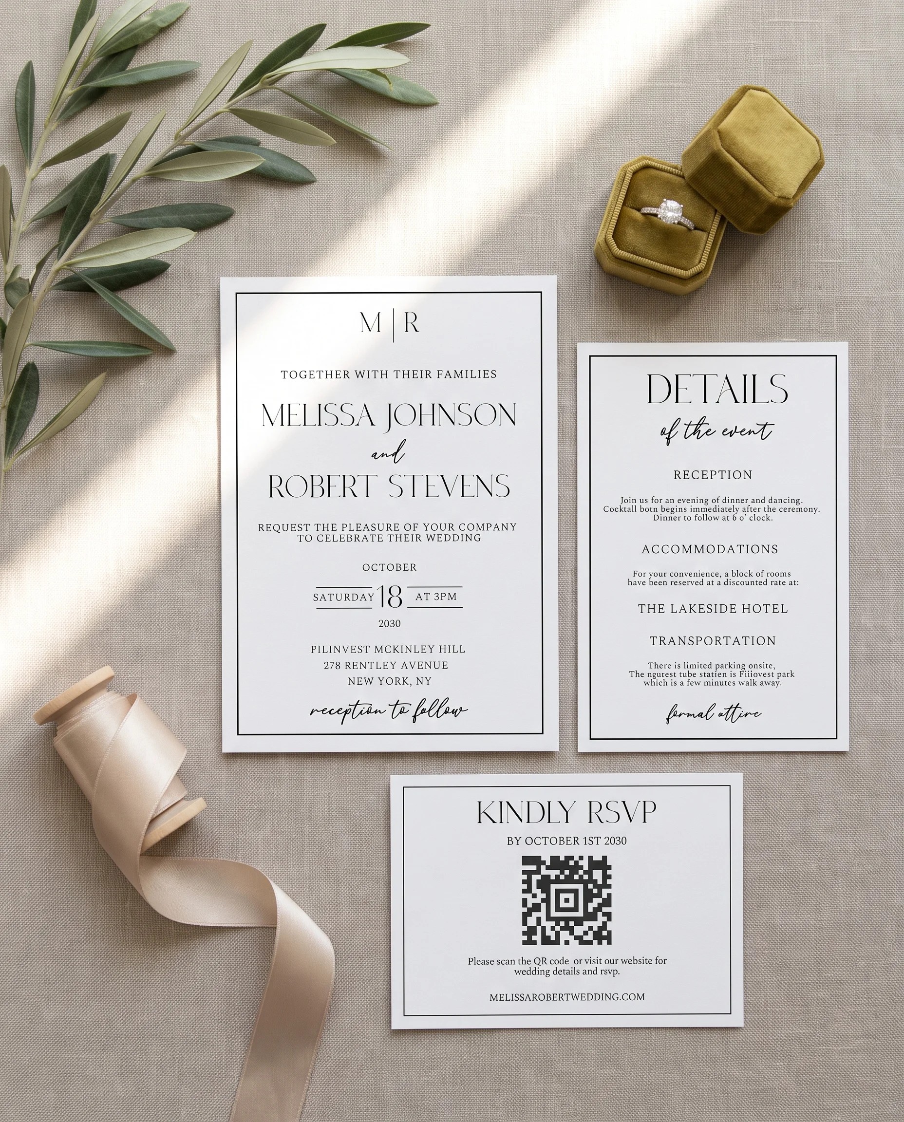 Aurelian wedding invitation set — invitation, details card and RSVP arranged in a flat lay under soft natural light, printable wedding invitations.