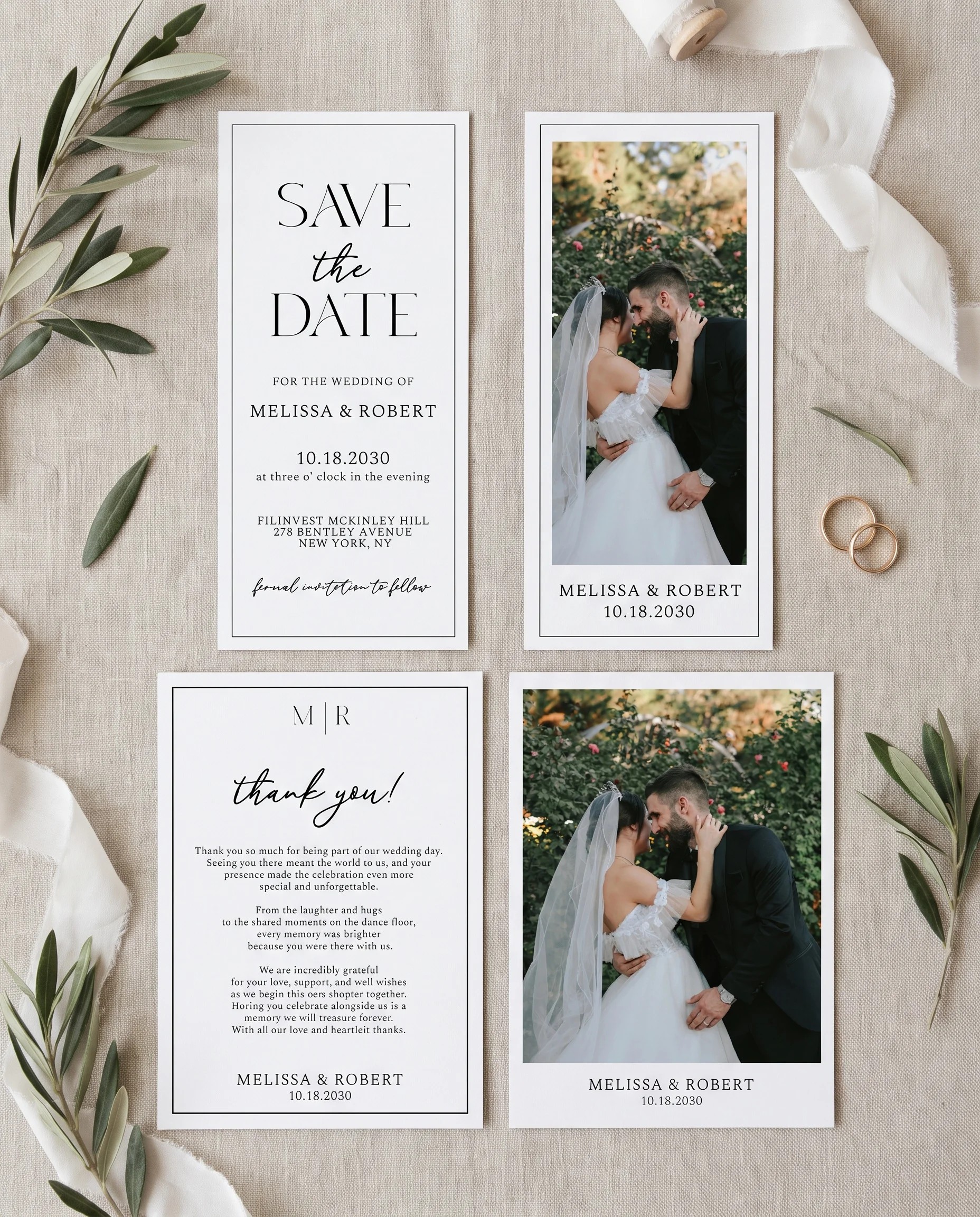 Aurelian wedding invitation set — save the date and thank you card shown in a flat lay, wedding invitation templates.