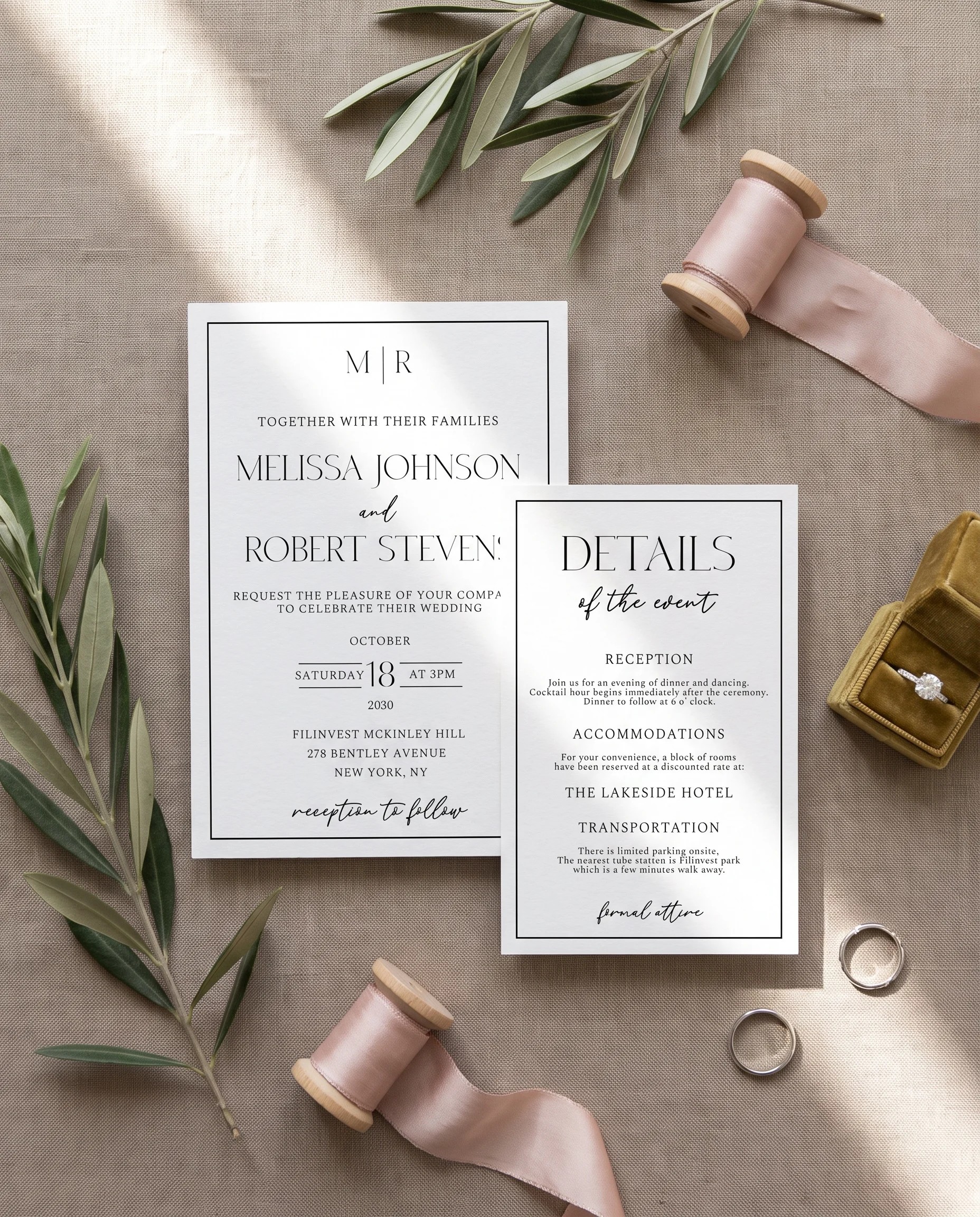 Aurelian wedding invitation suite — invitation and details card shown in a flat lay under soft natural light, wedding details card.