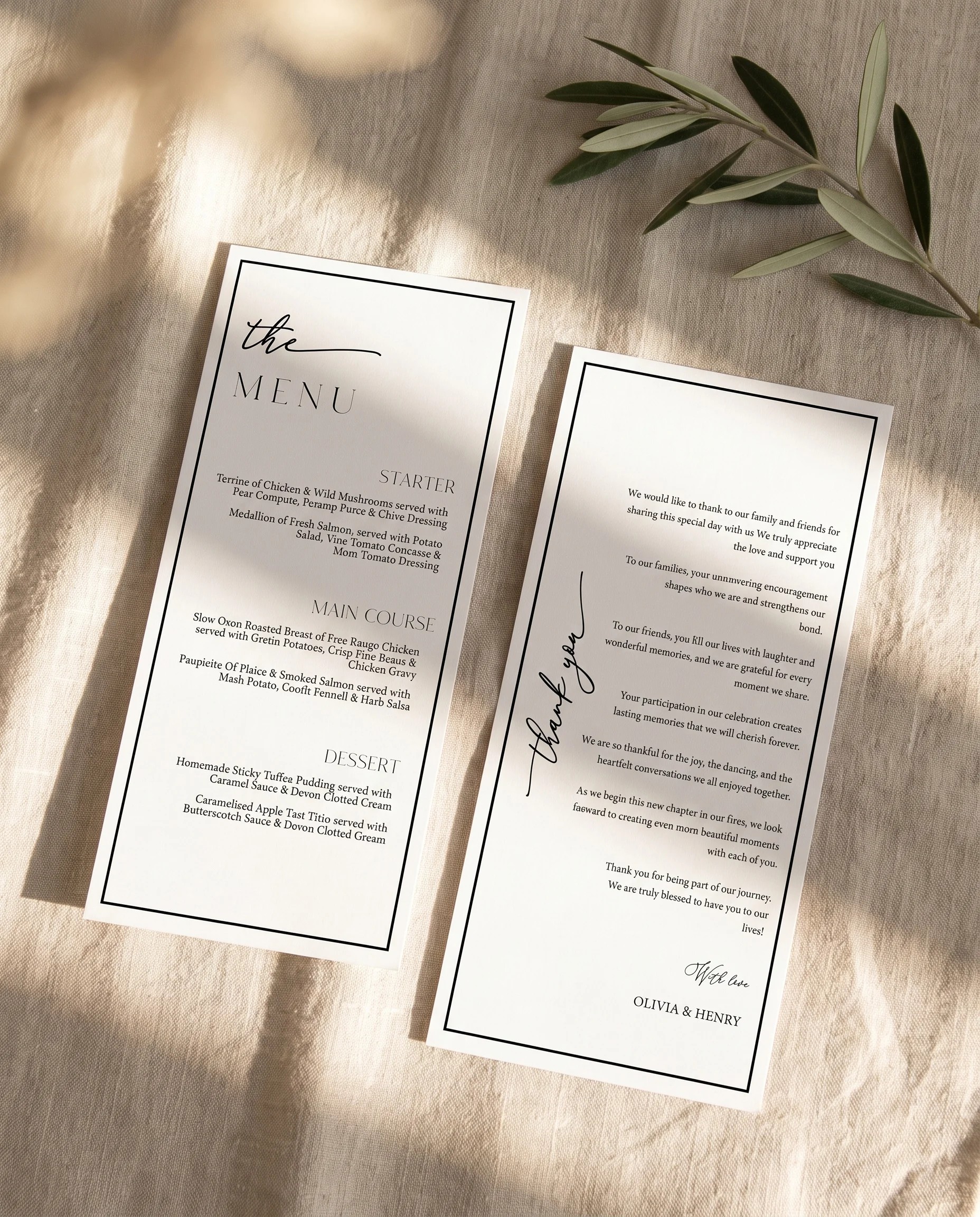 Aurelian wedding menu — two menu pages shown flat under soft natural light with a slight overhead angle, wedding menu