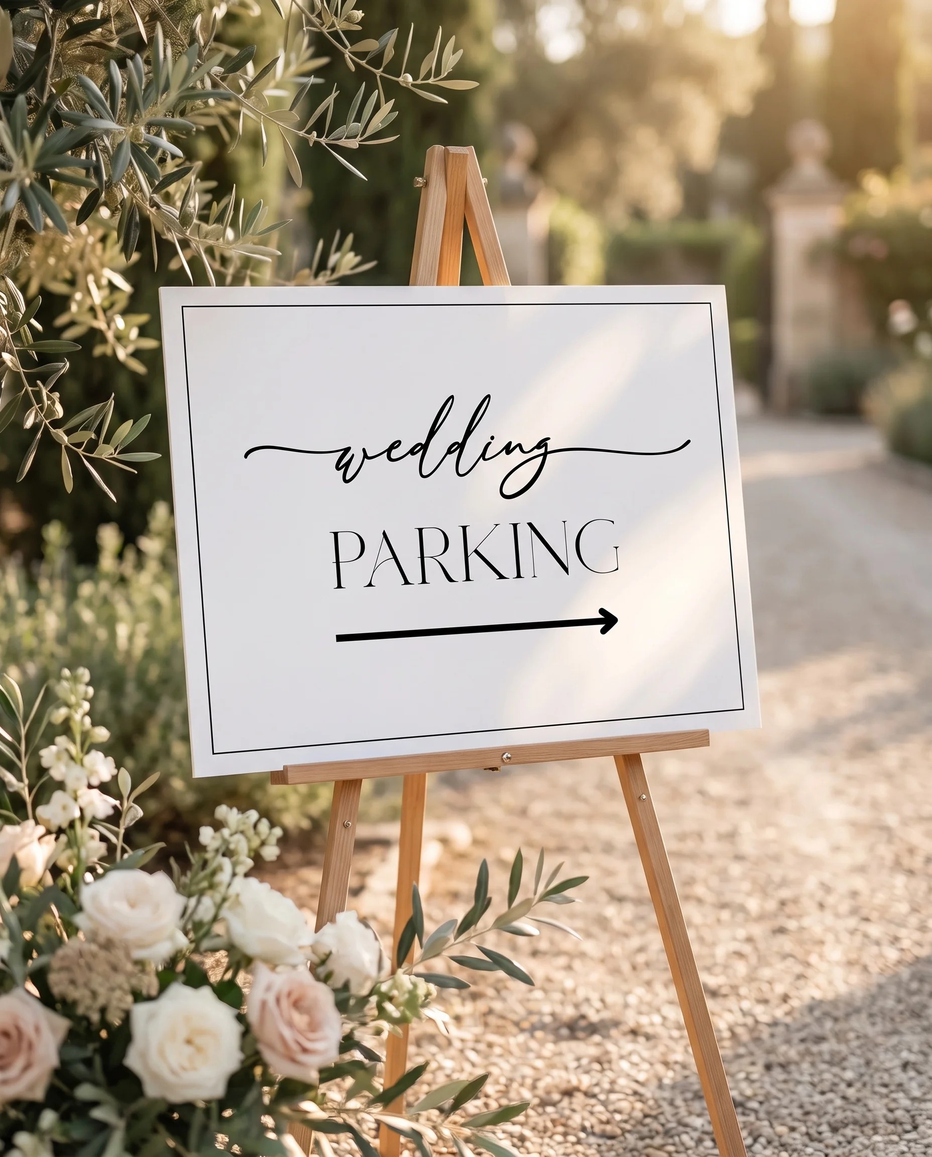 Aurelian wedding parking sign — shown at a venue entrance under soft natural light, wedding signs.
