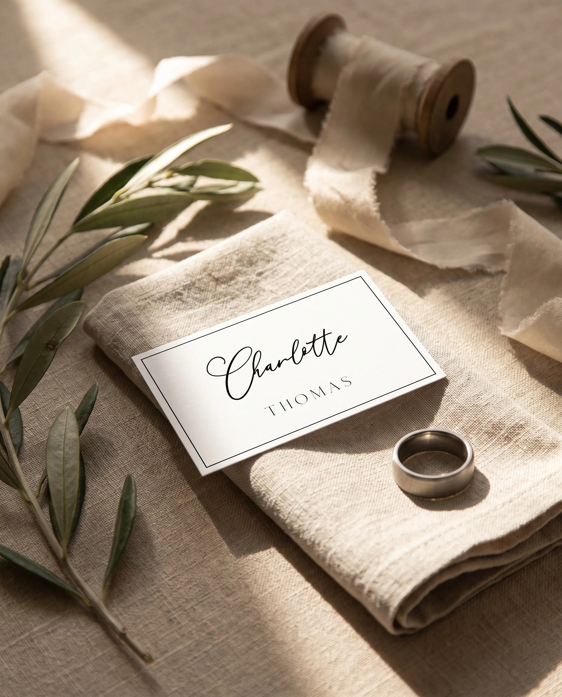 Aurelian wedding place cards — a single card displayed at a set place setting under soft natural overhead light, wedding name cards.