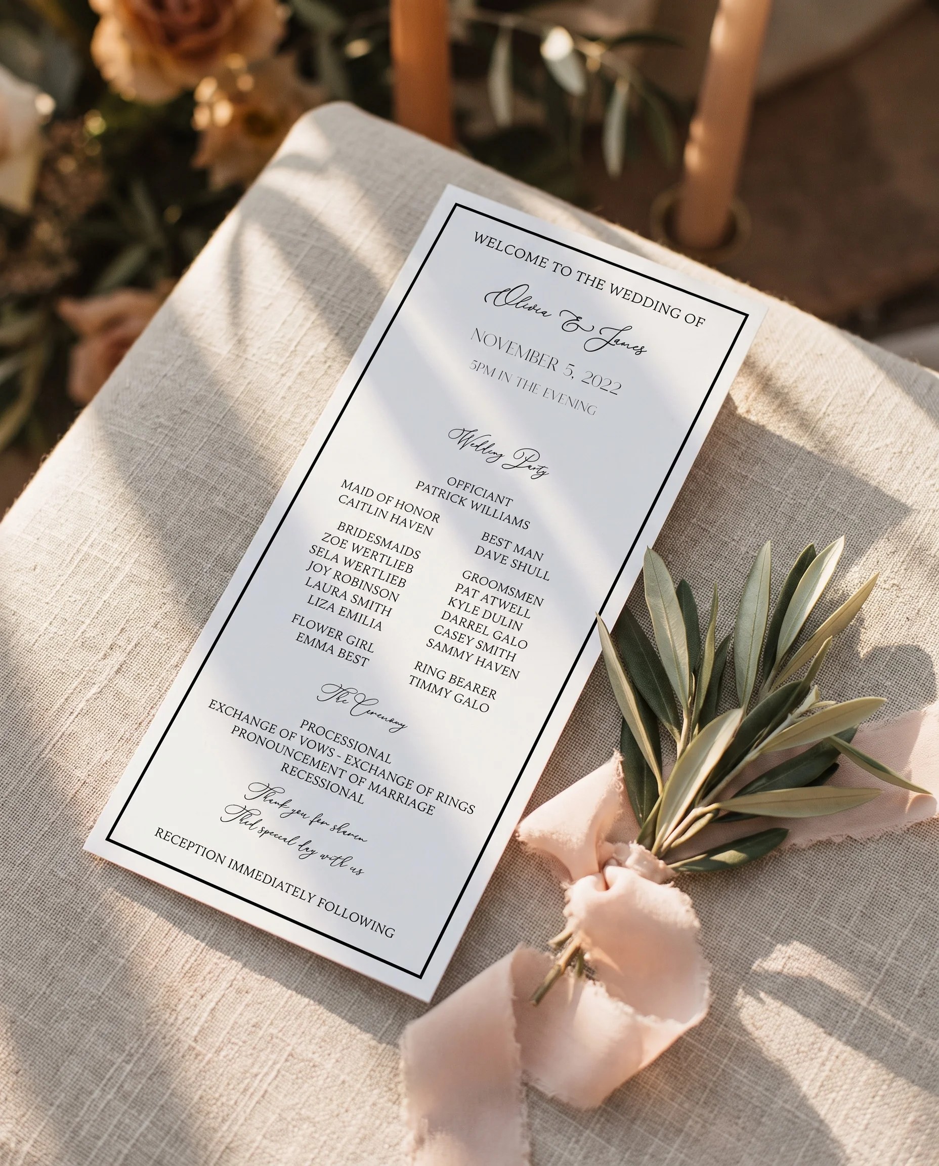 Aurelian wedding program — single page displayed at a ceremony seat under soft natural light, wedding program template.