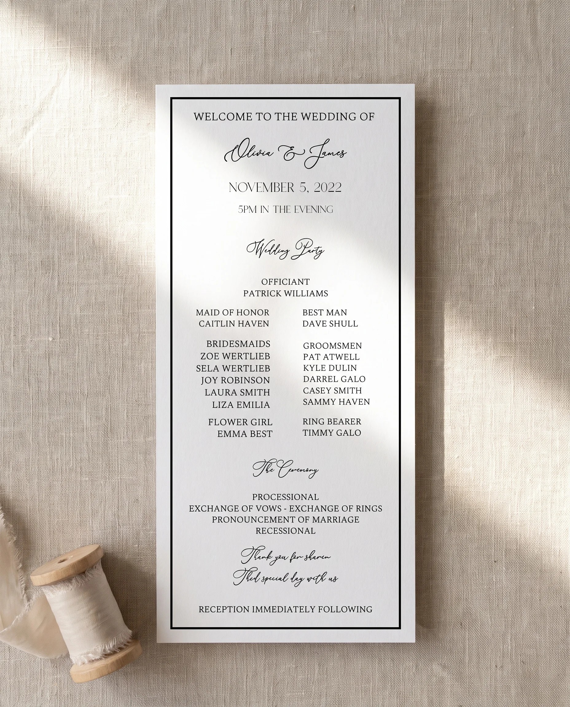 Aurelian wedding program — flat lay of the program's front page under soft natural light, wedding programs