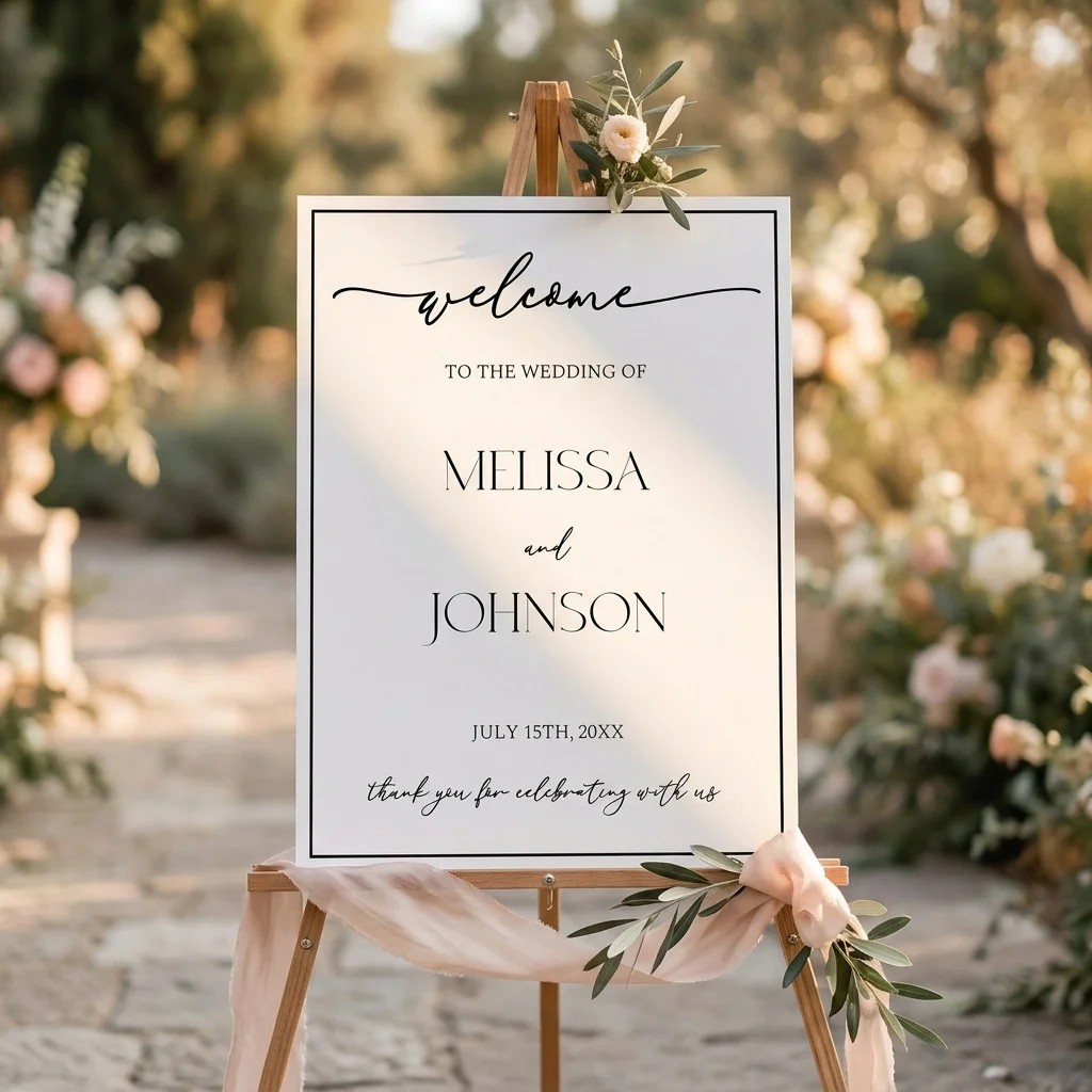 Aurelian wedding welcome sign — shown at a wedding entrance in soft natural light, slight overhead angle, welcome to our wedding sign.