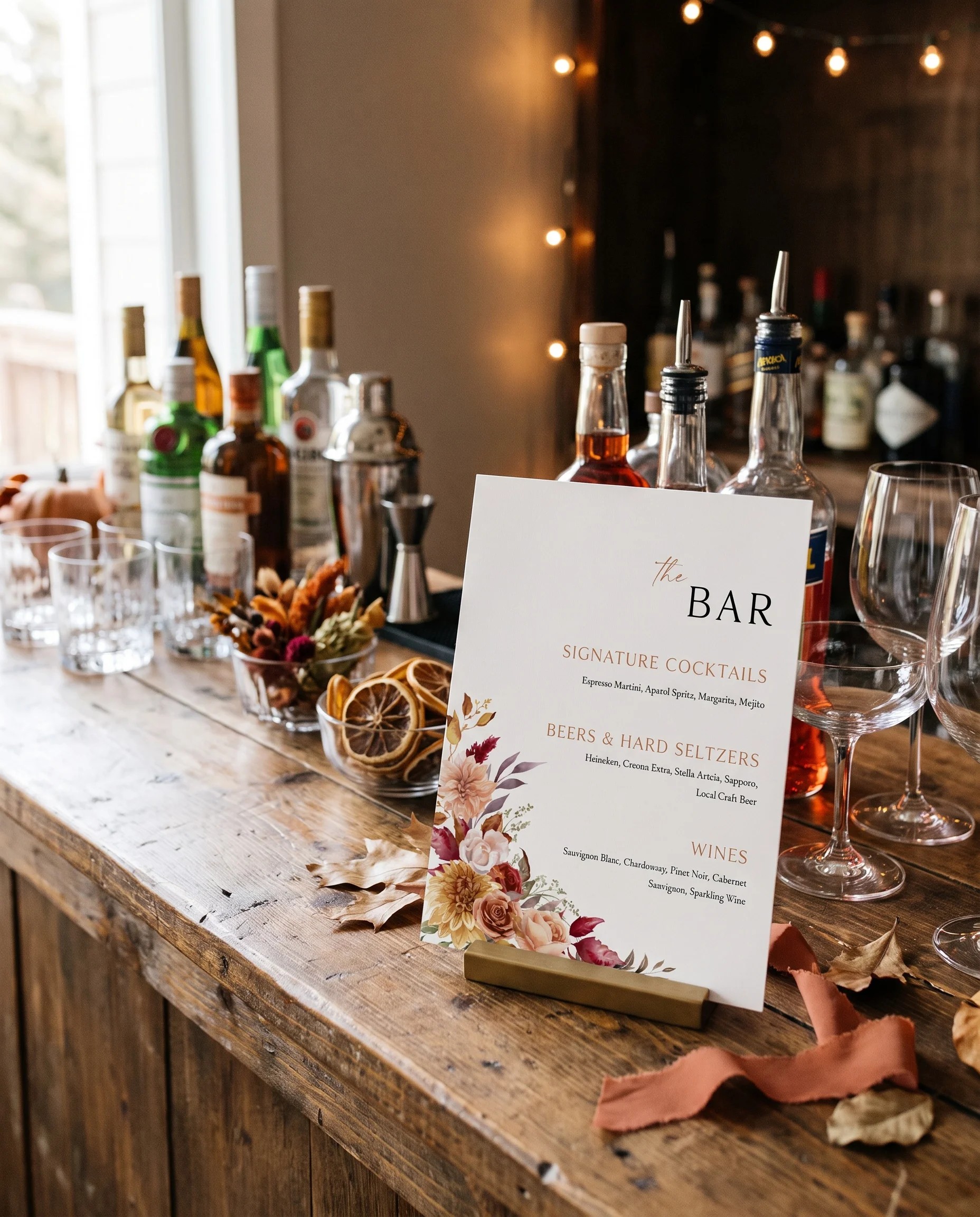 Autumn Bloom — Bar Menu shown on a drinks station under soft natural light, slight overhead angle, bar menu template.