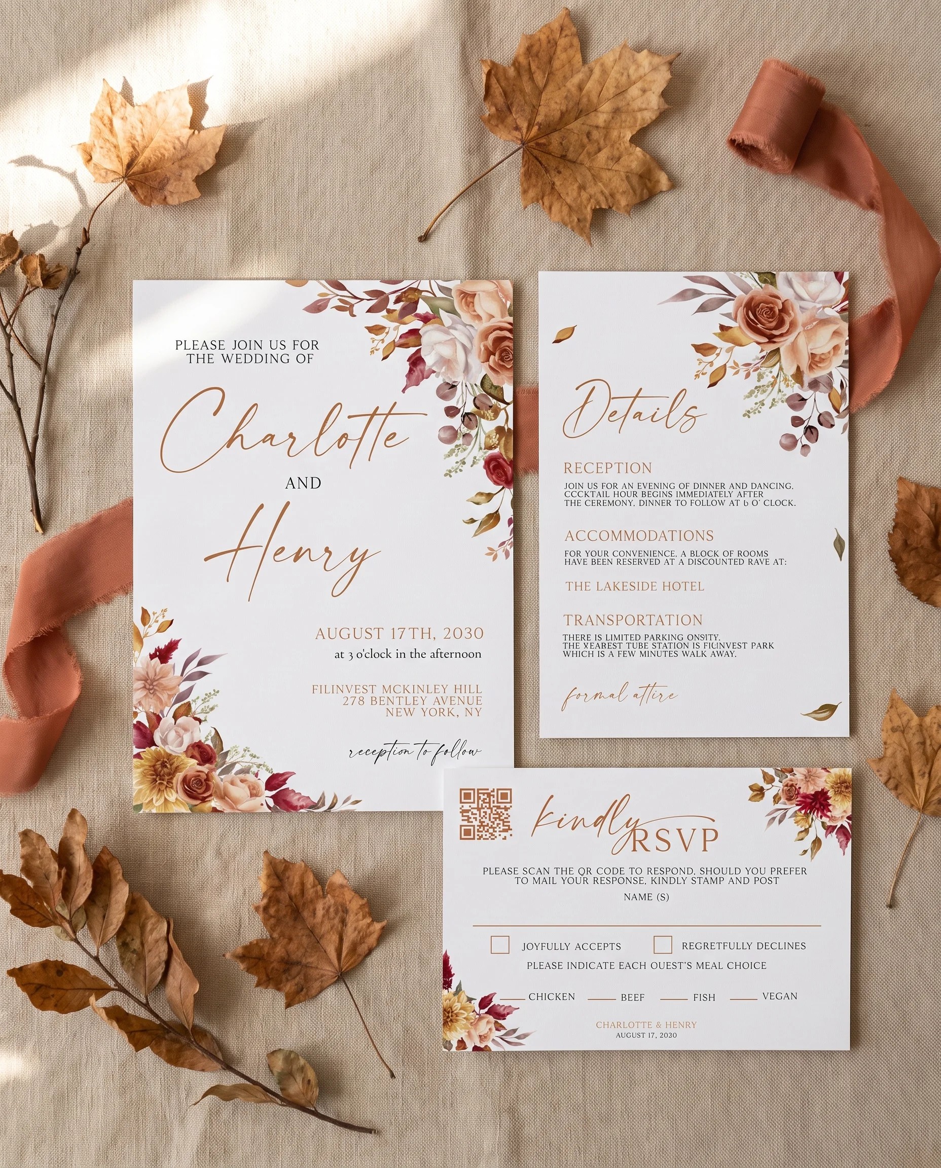 Autumn Bloom wedding invitation set — invitation, details card and RSVP shown in a flat lay under soft natural light, printable wedding invitations.