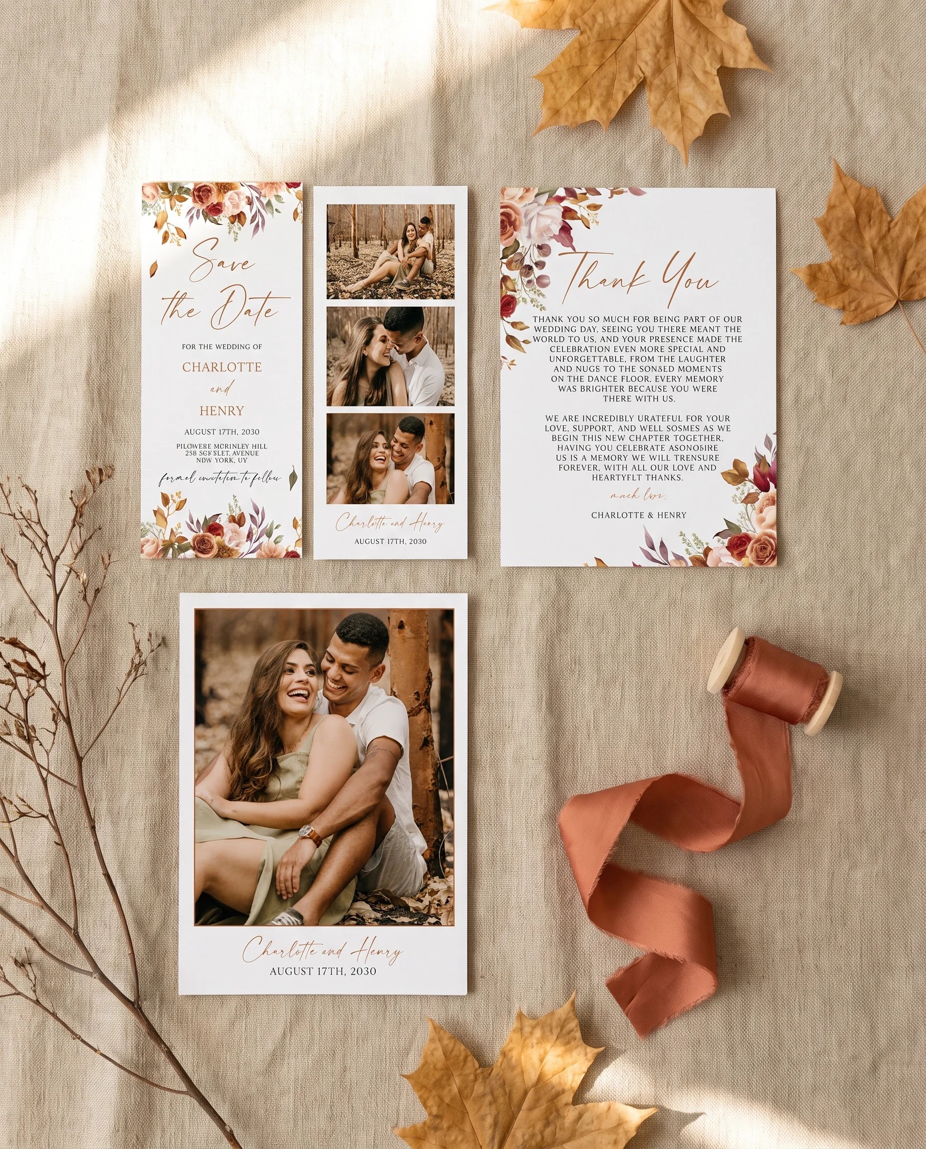 Autumn Bloom wedding invitation set — save the date and thank you card shown in a flat lay, wedding invitation templates.