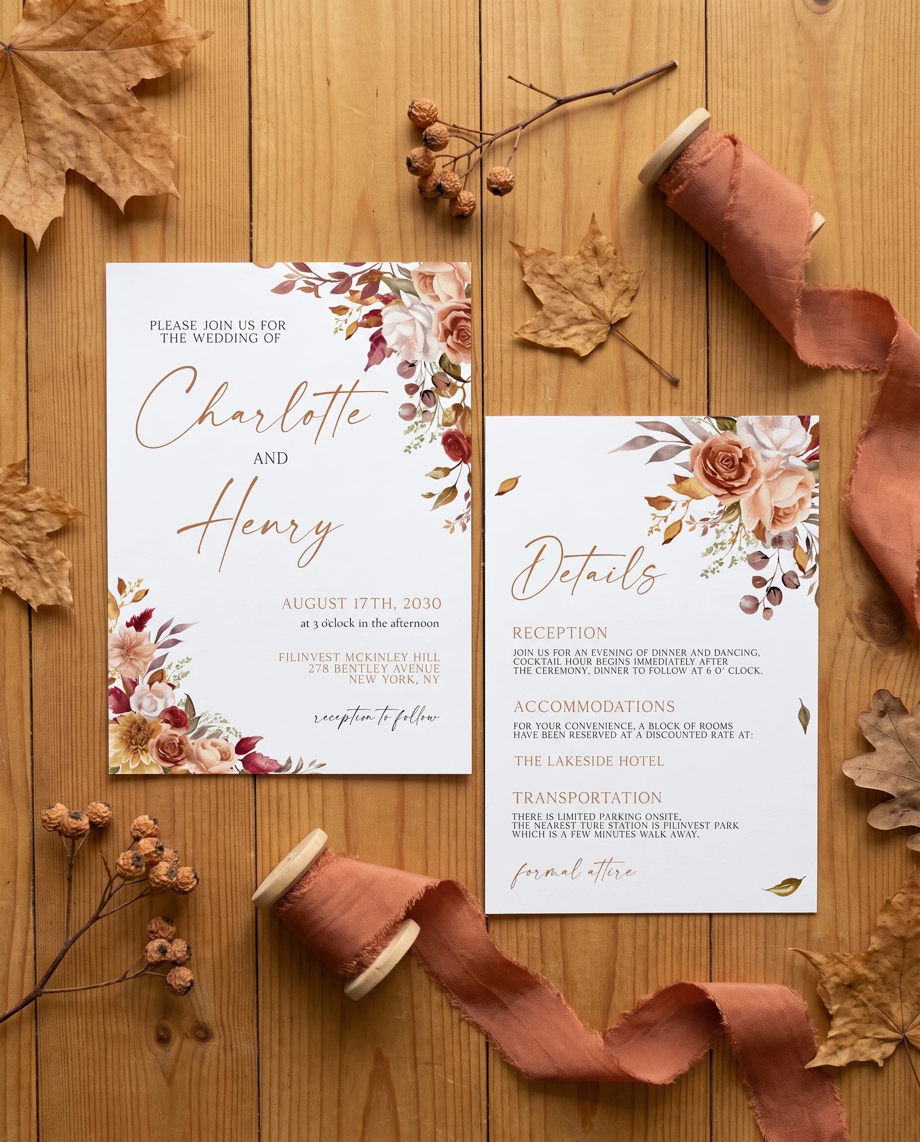 Autumn Bloom wedding invitation suite — invitation and details card shown in a flat lay under soft natural light, wedding details card