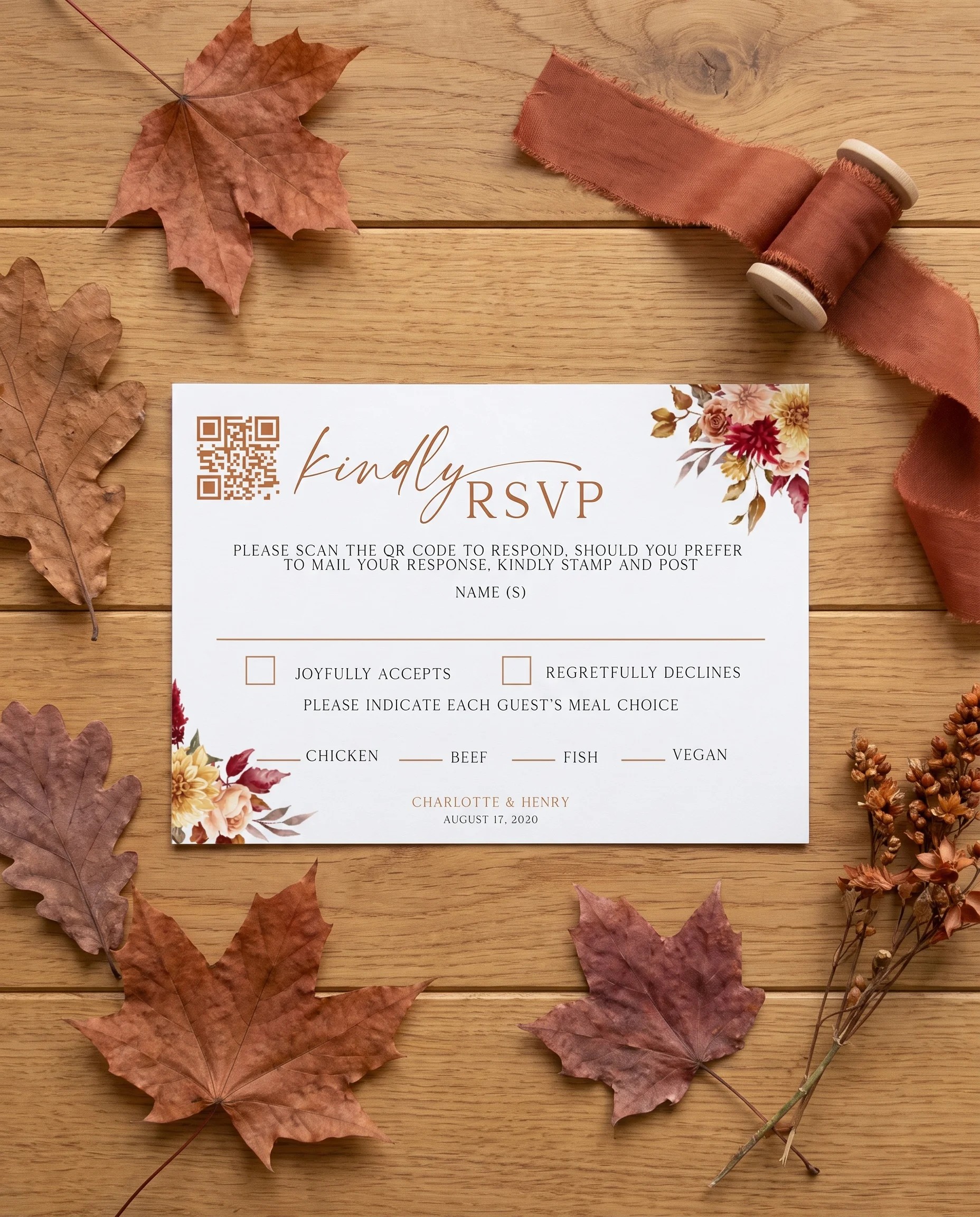 Autumn Bloom wedding invitation suite — RSVP card shown in a flat lay, wedding RSVP cards.