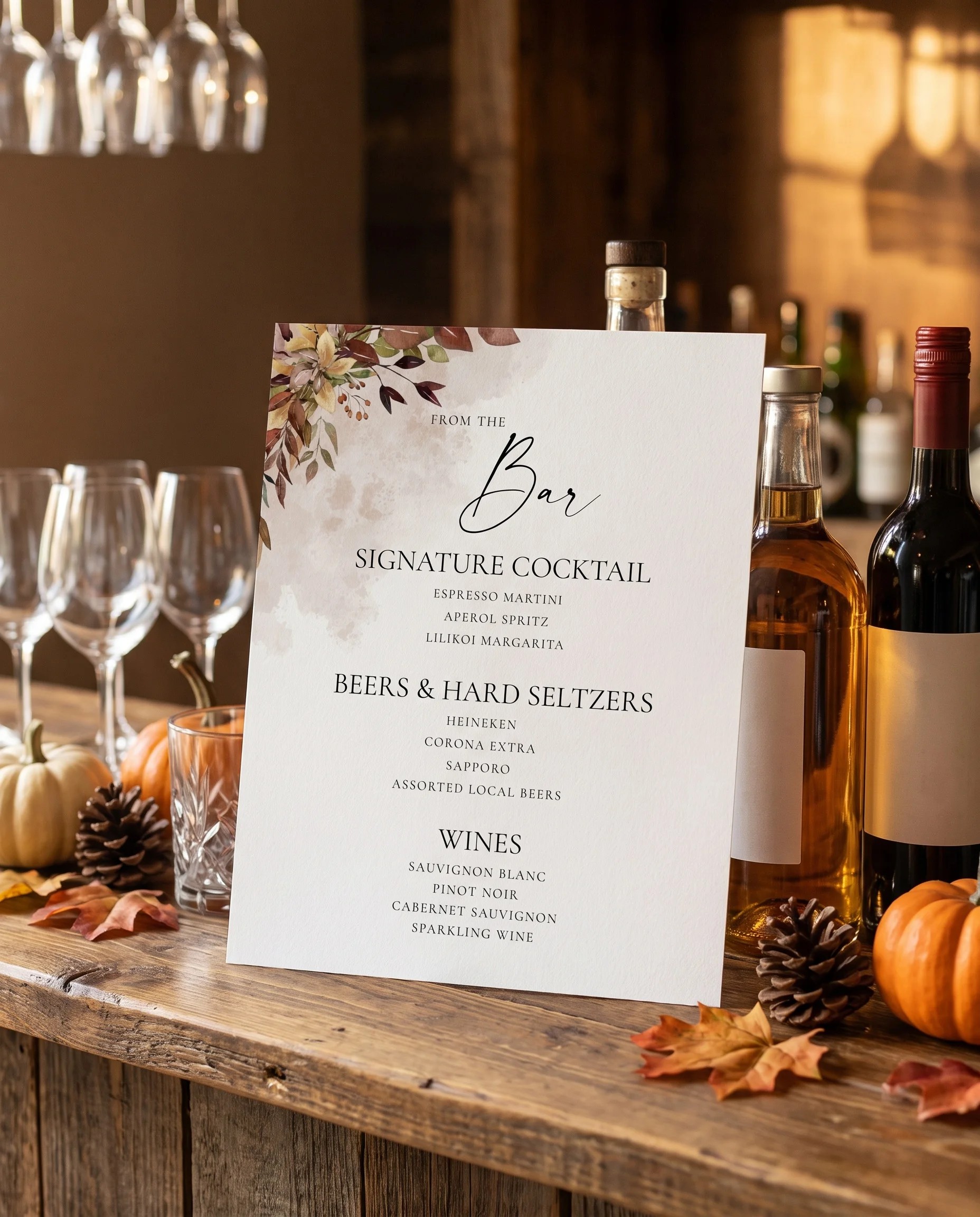 Autumn Bough — bar menu page displayed on a drinks station under soft natural light, bar menu template
