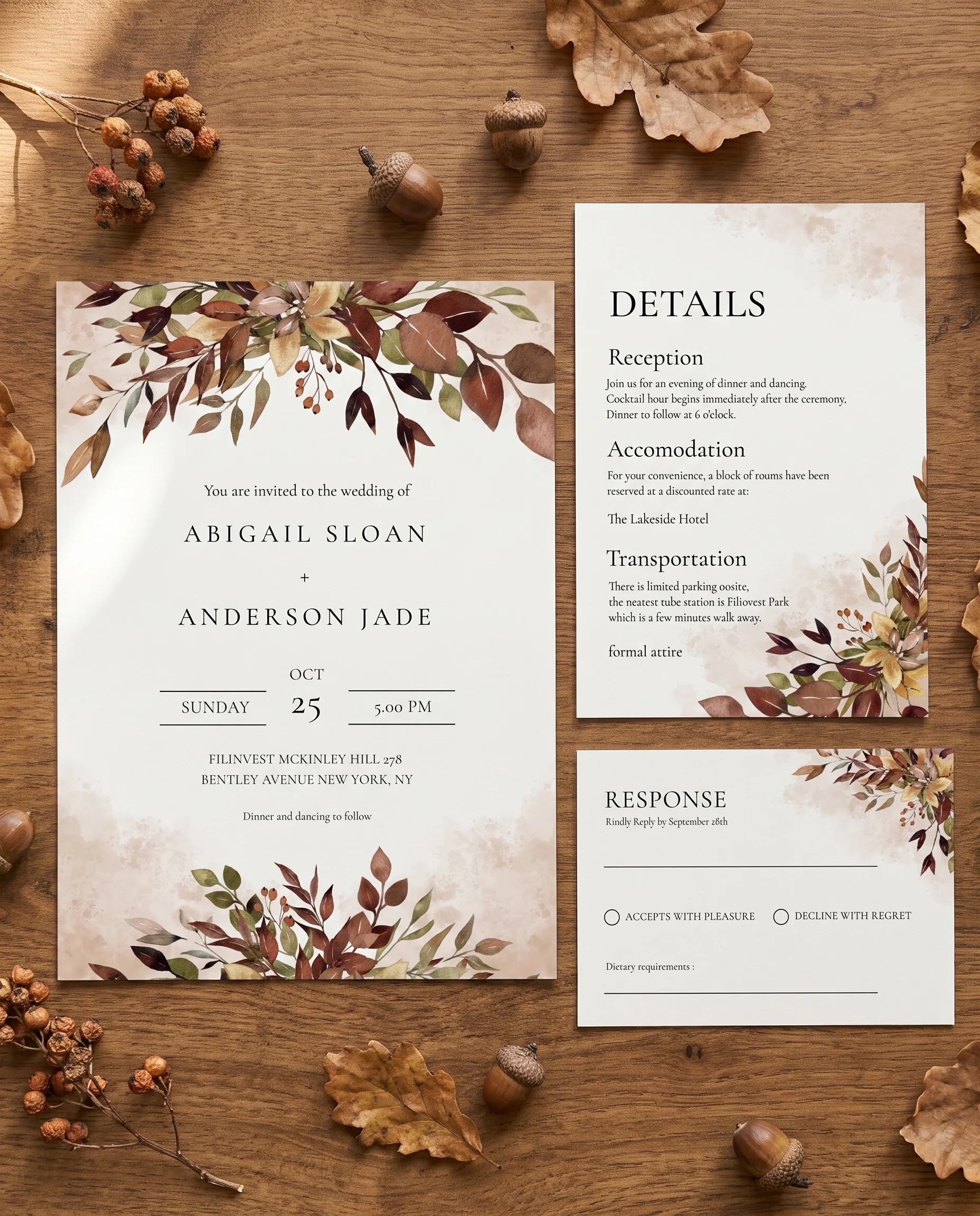Autumn Bough wedding invitation set — invitation, details card and RSVP shown in a flat lay, printable wedding invitations.