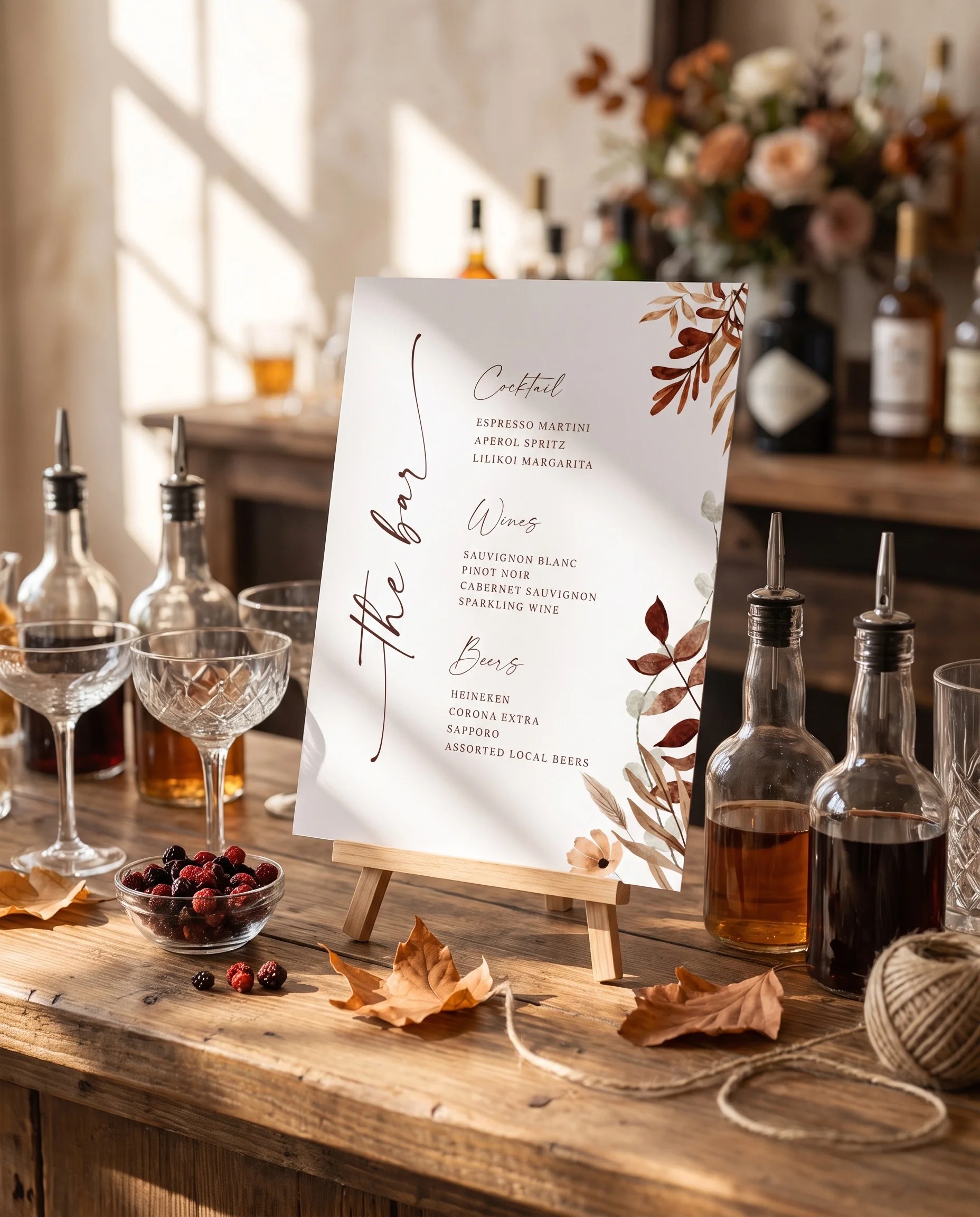 Autumn Bower — bar menu displayed on a drinks station under soft natural light at a slight overhead angle, bar menu template.