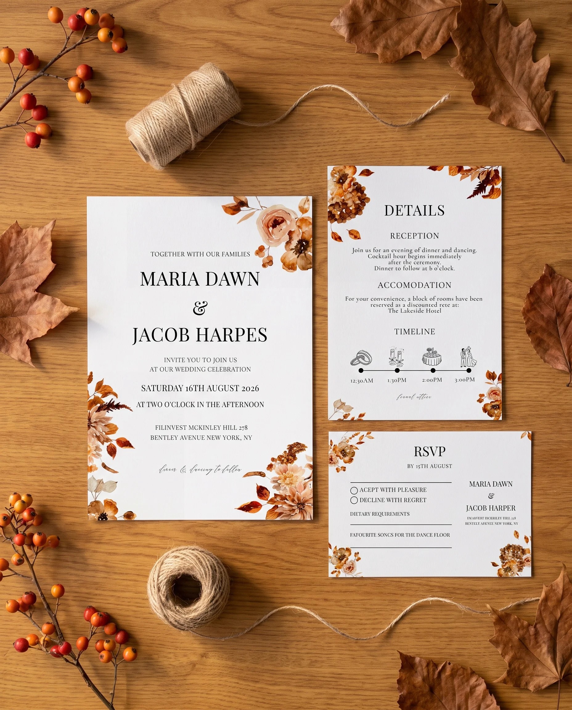 Autumn Bramble wedding invitation set — Invitation, details card and RSVP card shown in a flat lay, printable wedding invitations