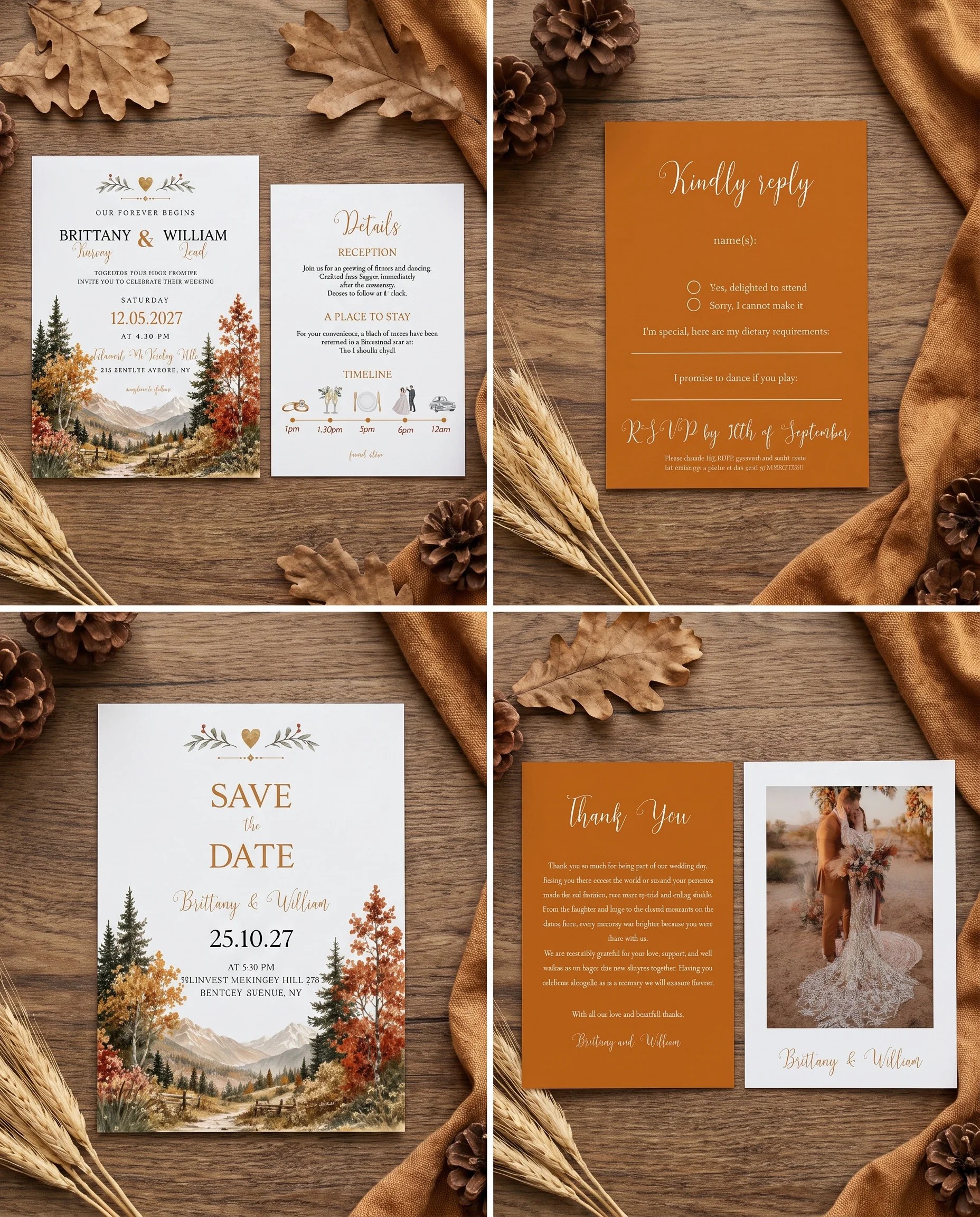 Autumn Vale wedding invitation set — invitation, details card, RSVP, save the date and thank you card, flat lay, wedding invitation suite.