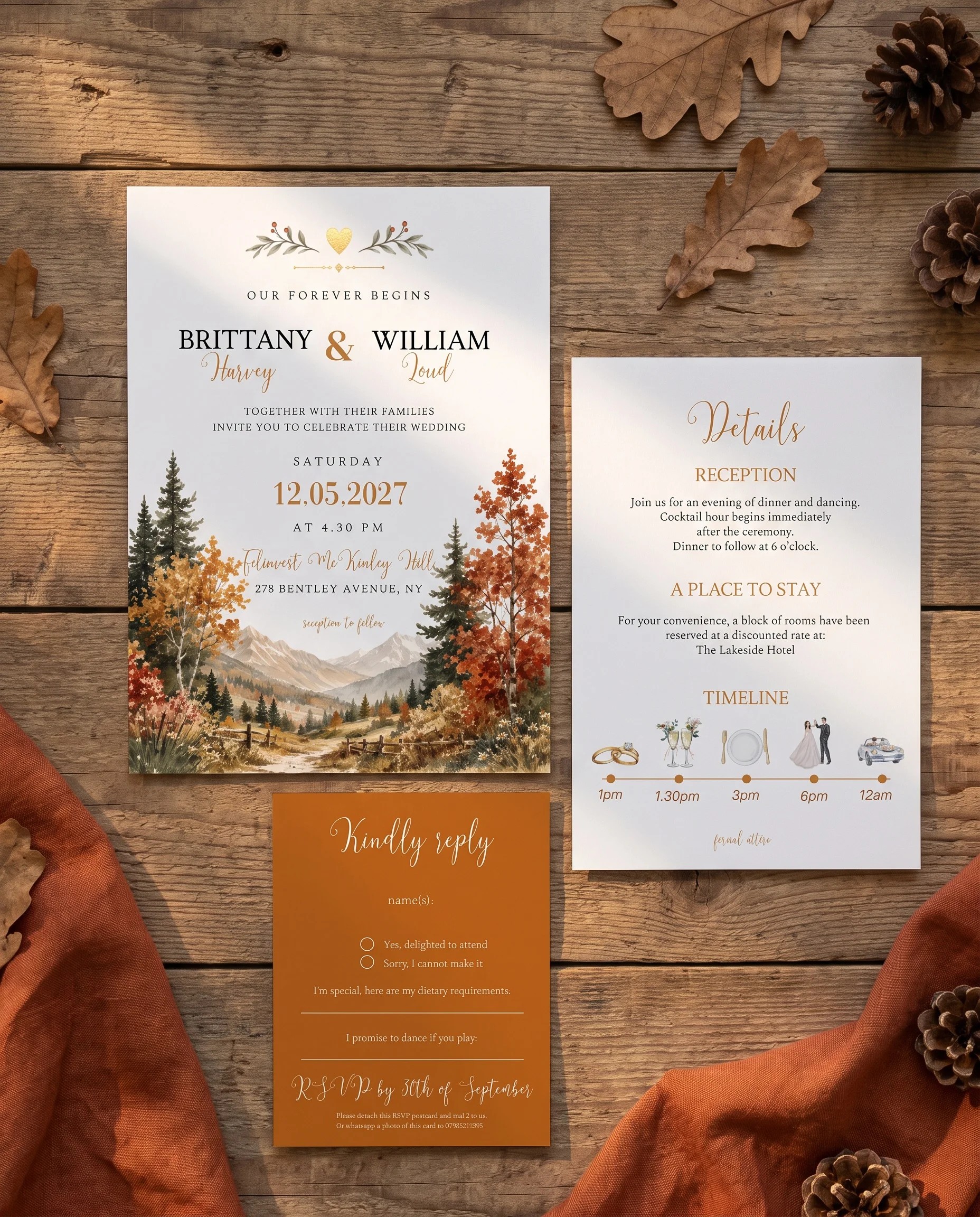 Autumn Vale wedding invitation suite — invitation, details card and RSVP shown in a flat lay under soft natural light, wedding invitation templates.