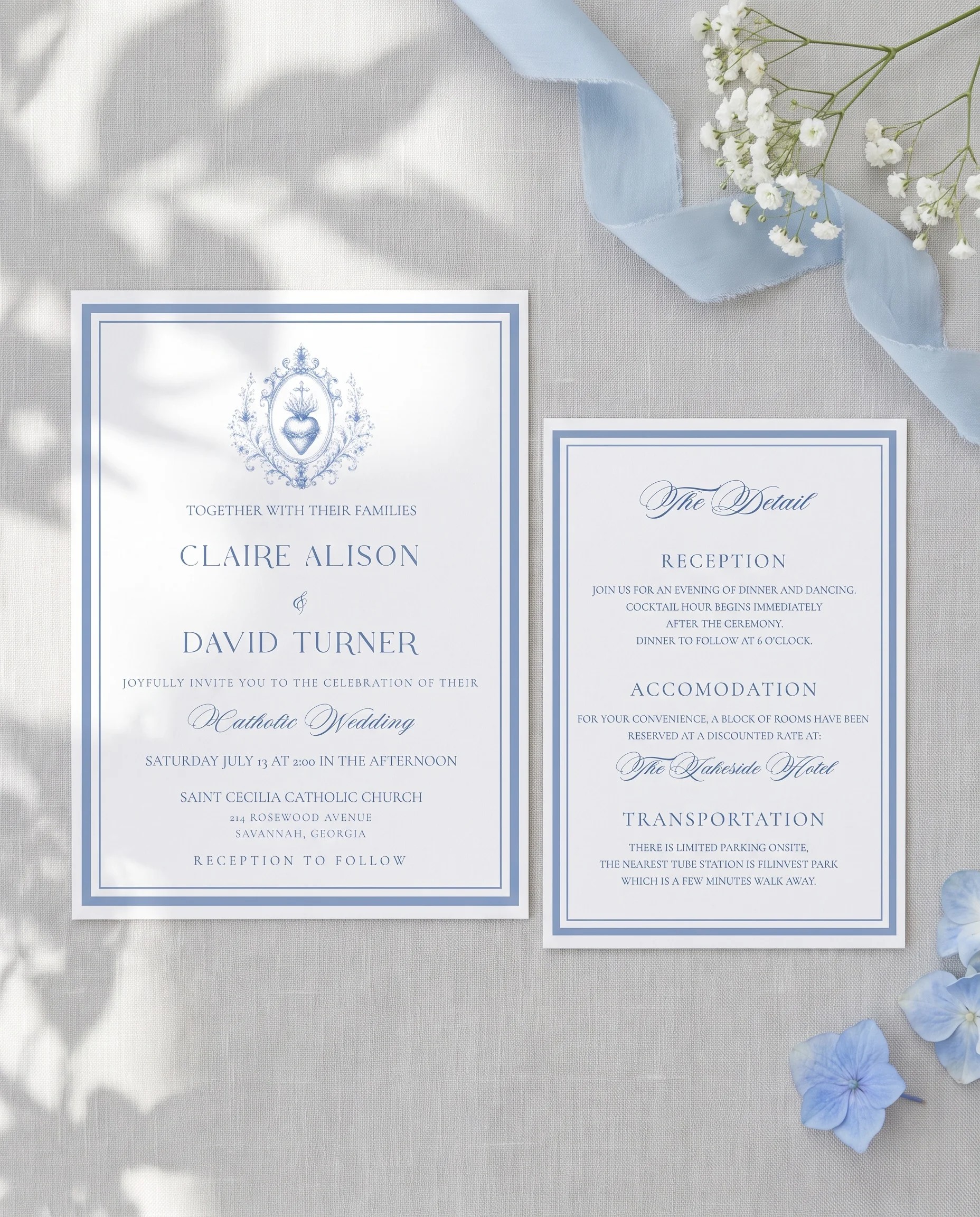 Azure Flourish wedding invitation suite — invitation and details card arranged together in a flat lay under soft natural light, wedding details card.