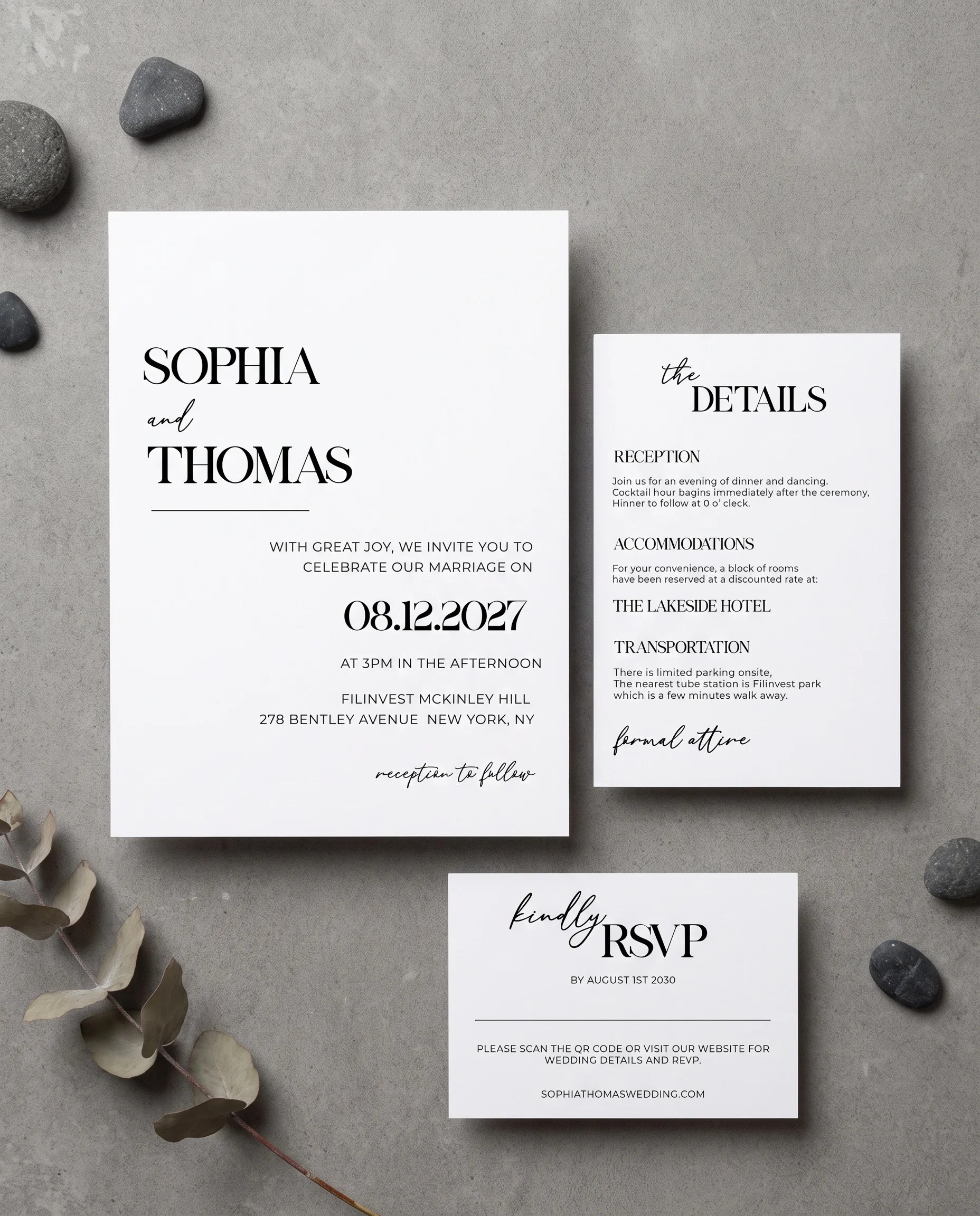 Barline wedding invitation set — invitation, details card and RSVP shown in a flat lay under soft natural light, printable wedding invitations.