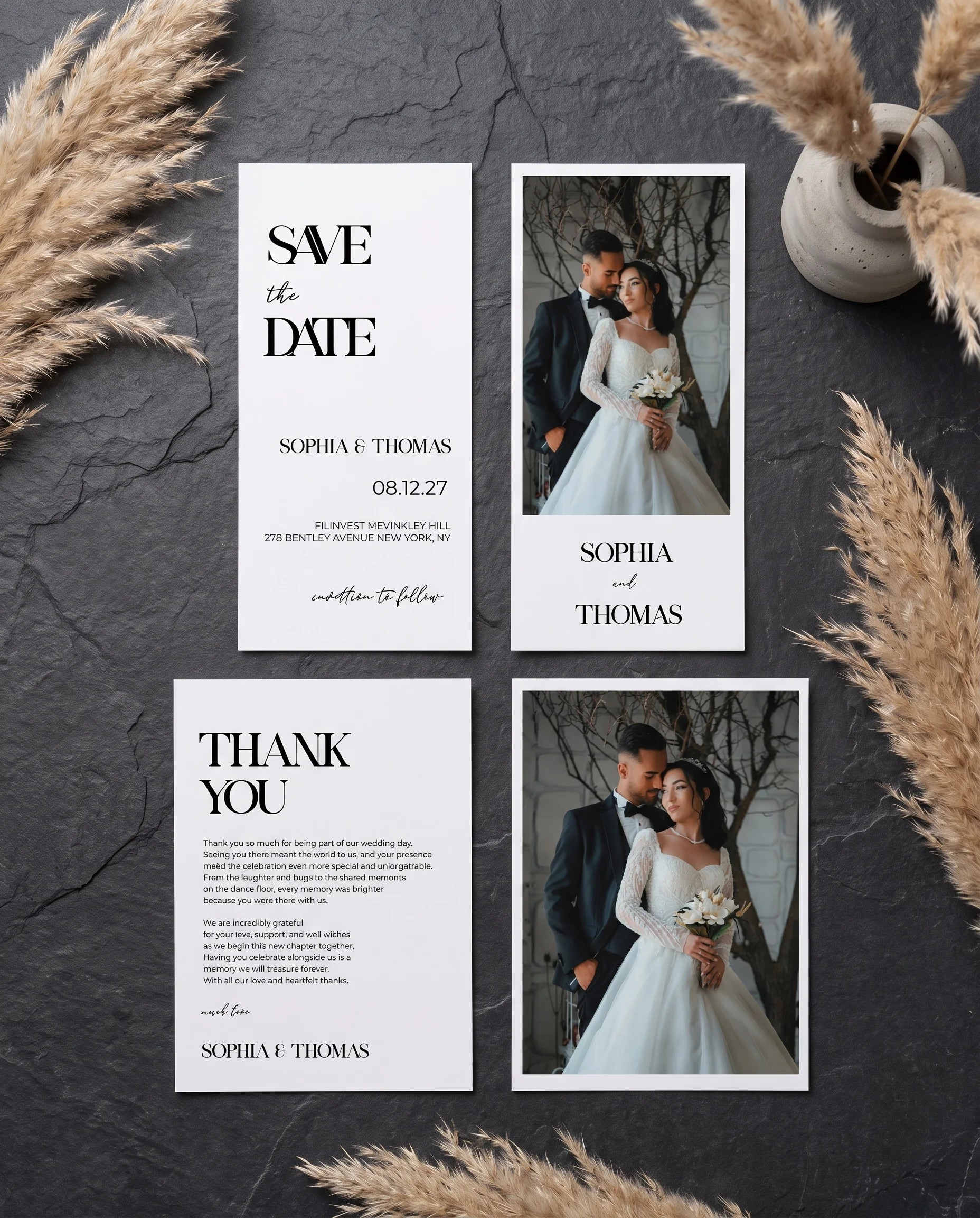 Barline wedding invitation set — save the date and thank you card shown in a flat lay, wedding invitation templates.