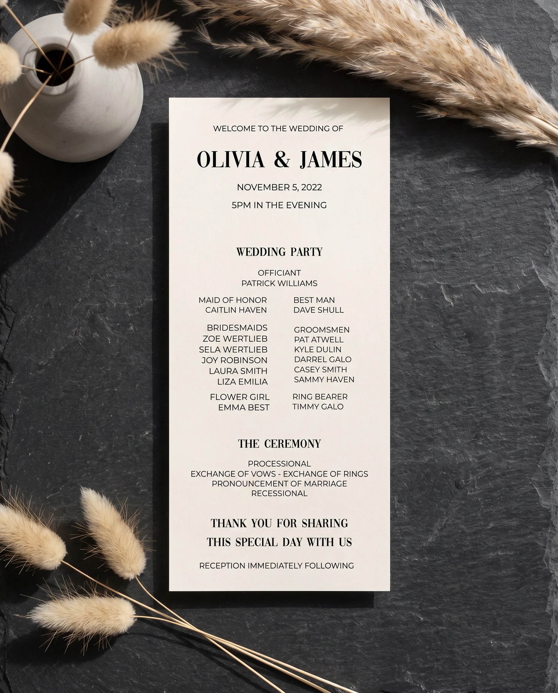 Barline wedding program — shown flat with front facing up under soft natural light, wedding programs