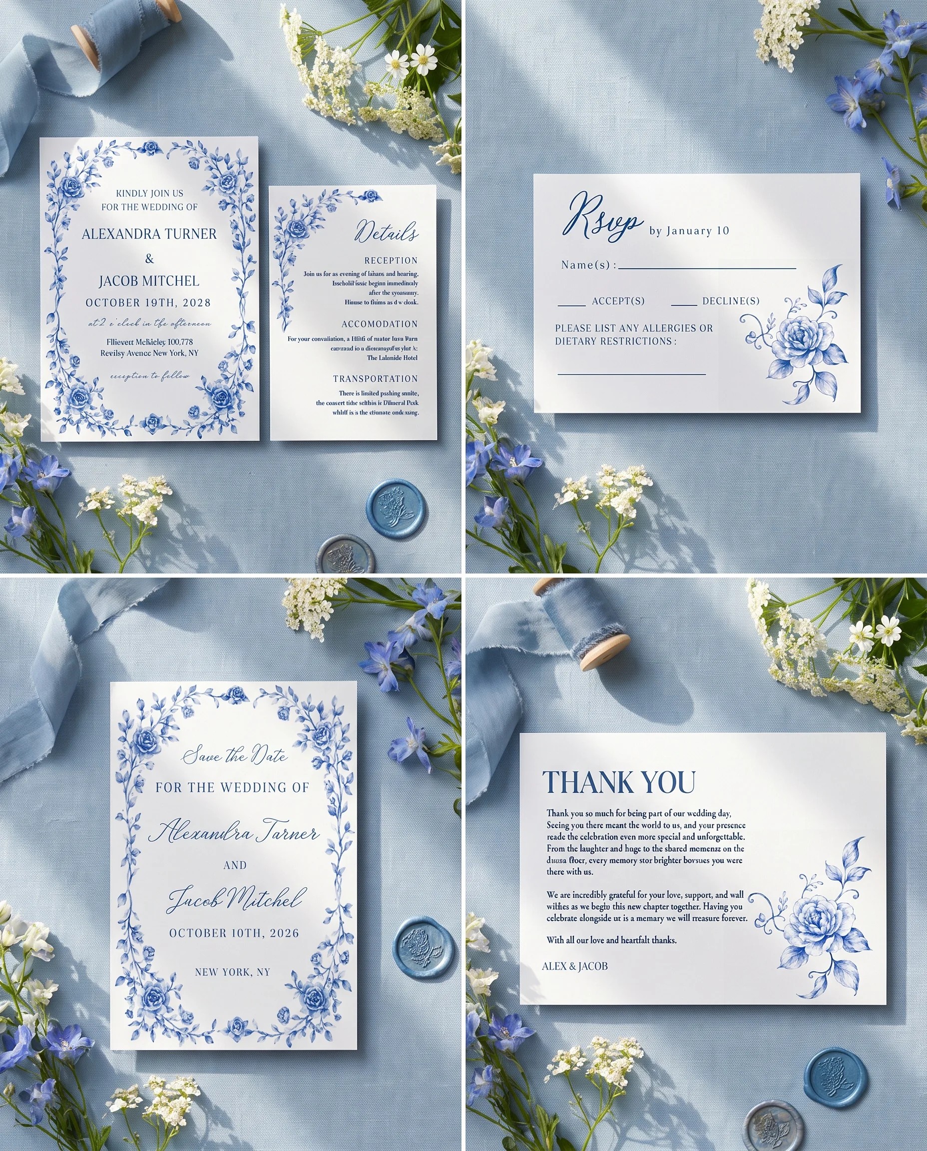 Blue Heron wedding invitation set — Invitation, details card, RSVP, save the date and thank you card shown in a flat lay, wedding invitation suite