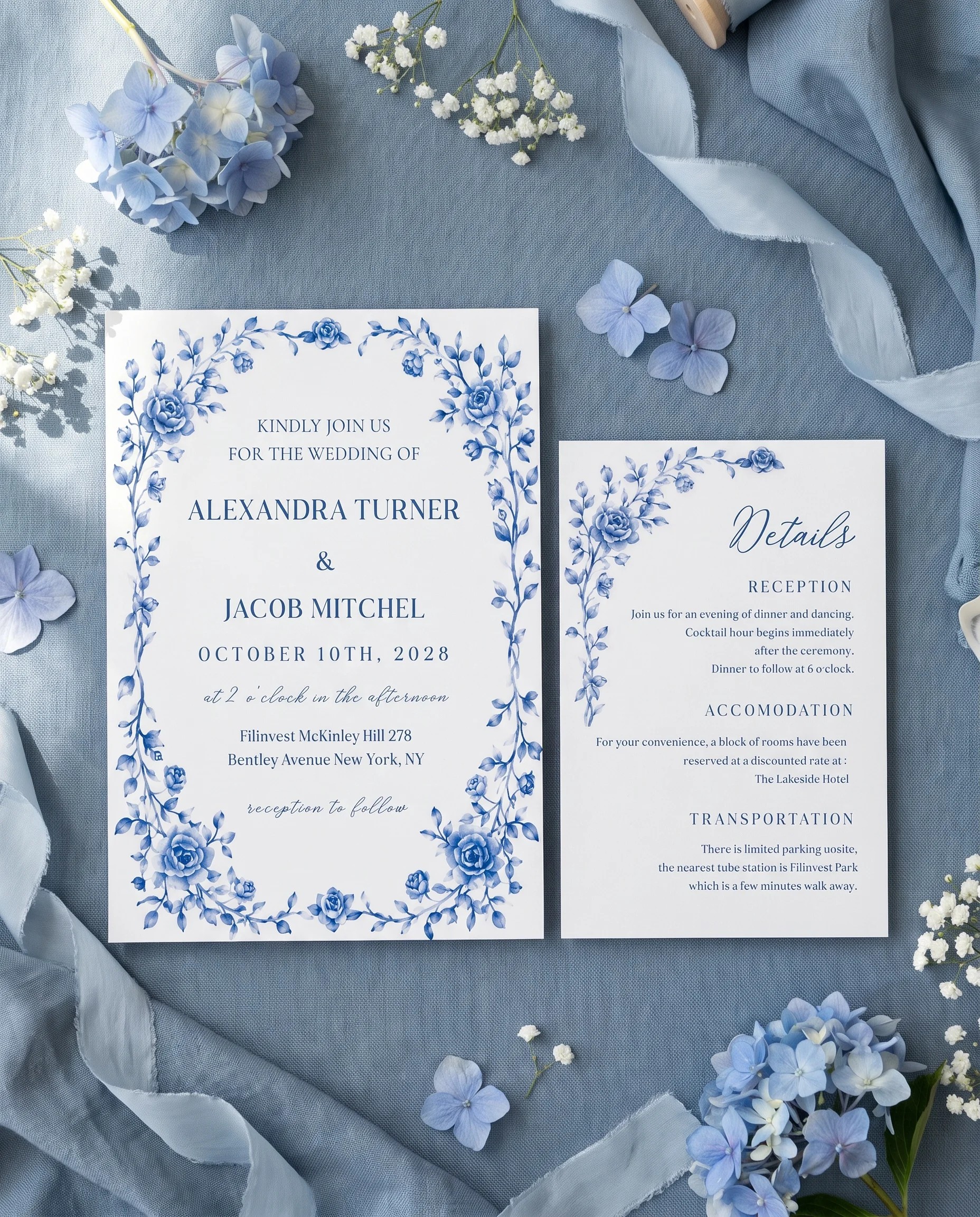 Blue Heron wedding invitation suite — invitation and details card arranged in a flat lay under soft natural light, wedding details card.