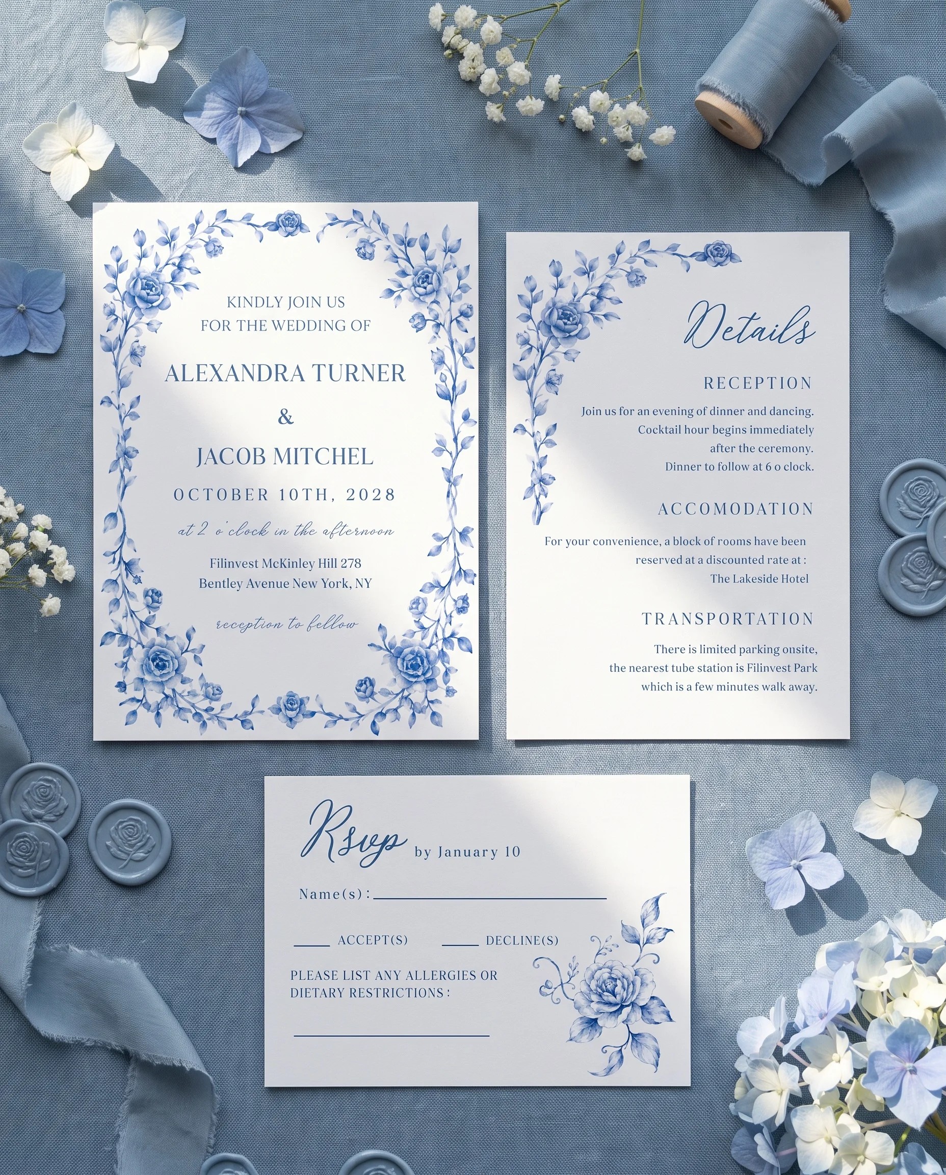 Blue Heron wedding invitation suite — invitation, details card and RSVP shown in a flat lay under soft natural light, wedding invitation templates