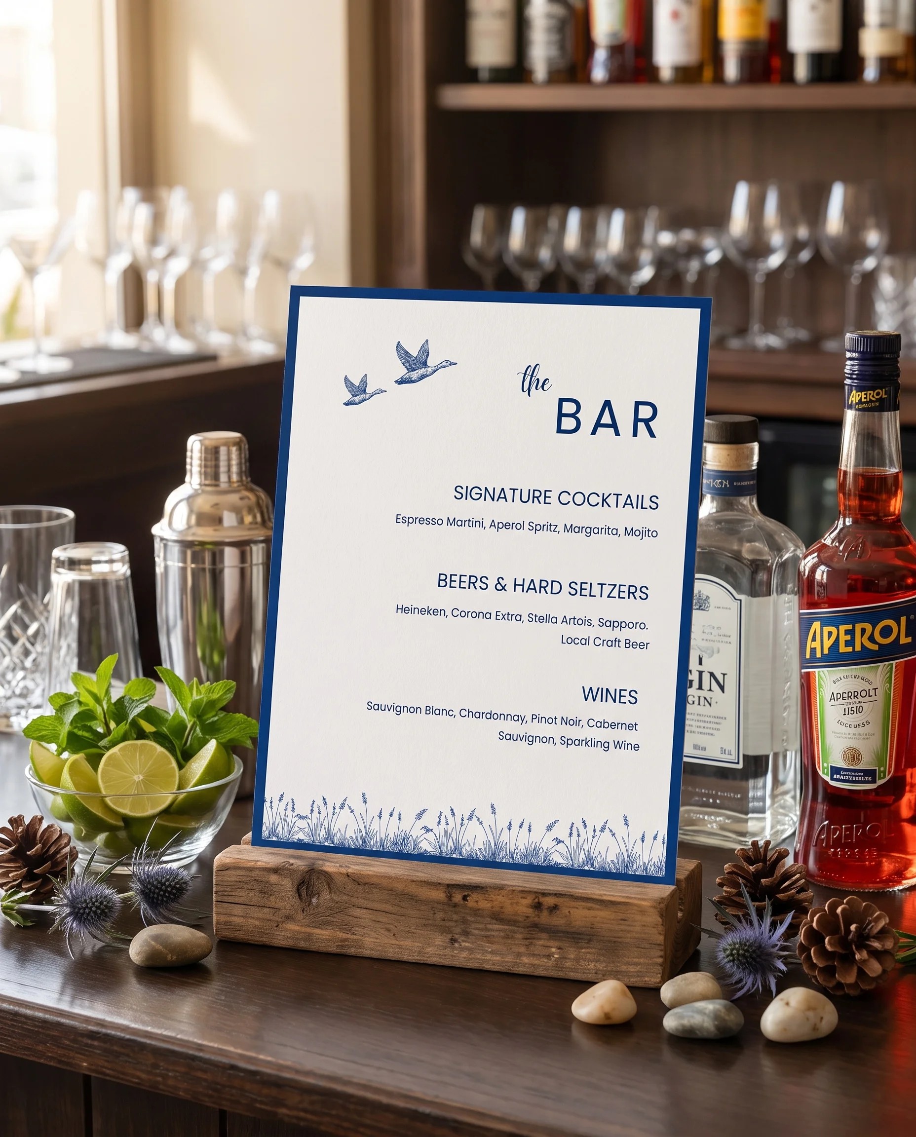 Blue Range — bar menu displayed on a drinks station under soft natural light, bar menu template.