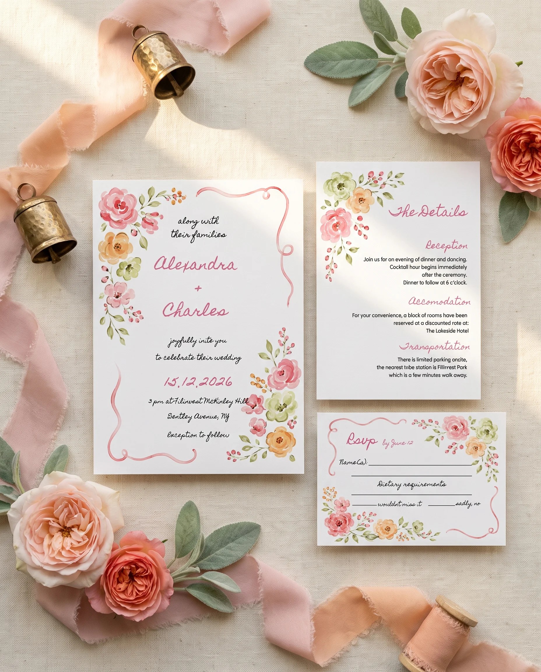 Blush Garland wedding invitation suite — invitation, details card and RSVP arranged in a flat lay under soft natural light, wedding invitation templates.