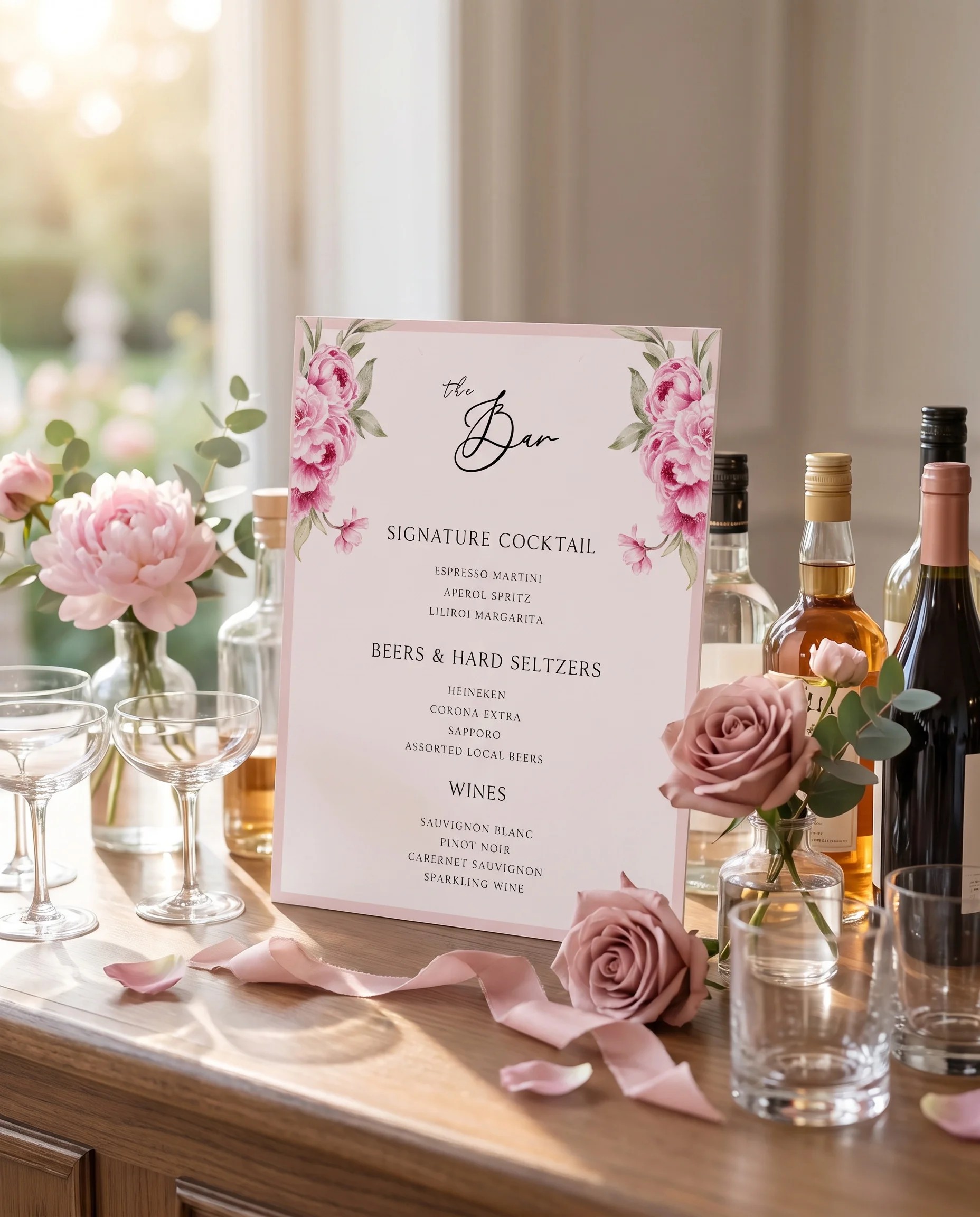 Blush Peony — bar menu page displayed on a drinks station under soft natural light with a slight overhead angle, bar menu template.