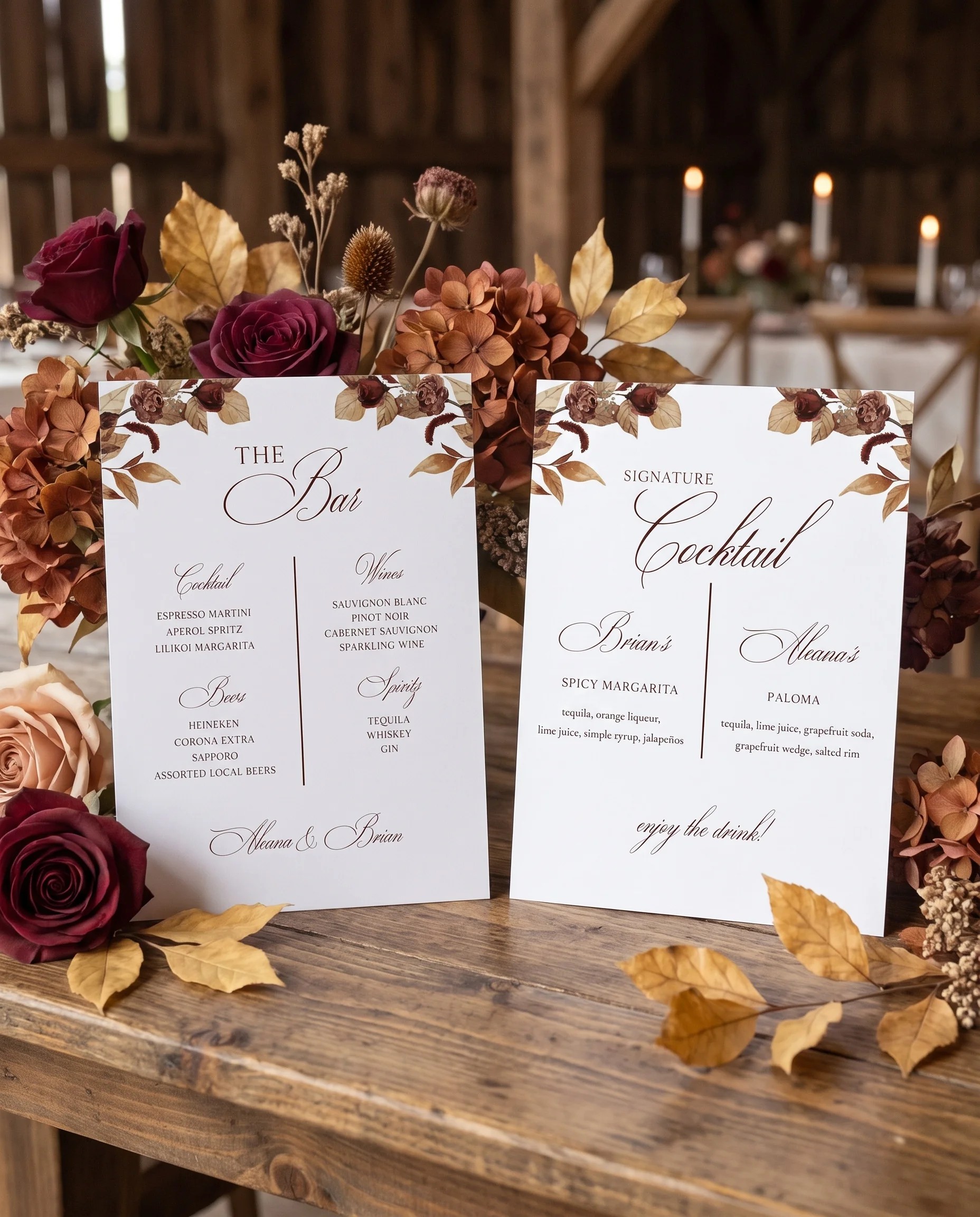 Bramble Row — bar menu displayed upright on premium editorial paper under soft natural light at a slight overhead angle, wedding bar sign.