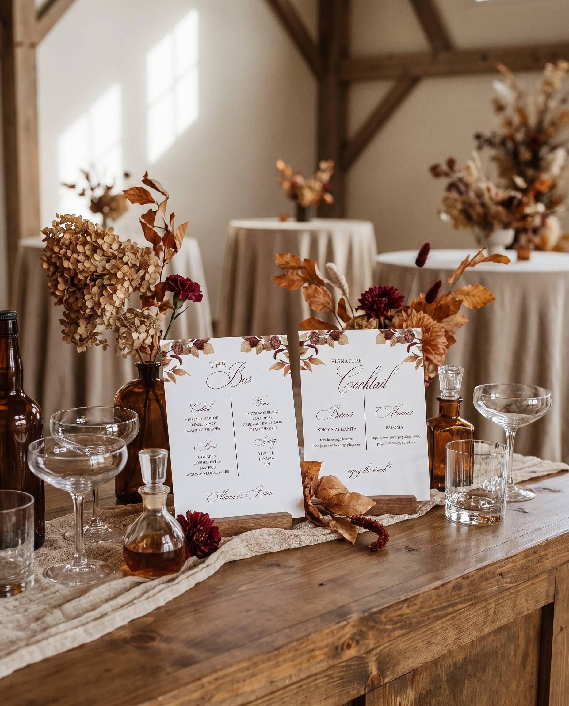 Bramble Row — bar menu pages displayed on a drinks station under soft natural light with a slight overhead angle, bar menu template.