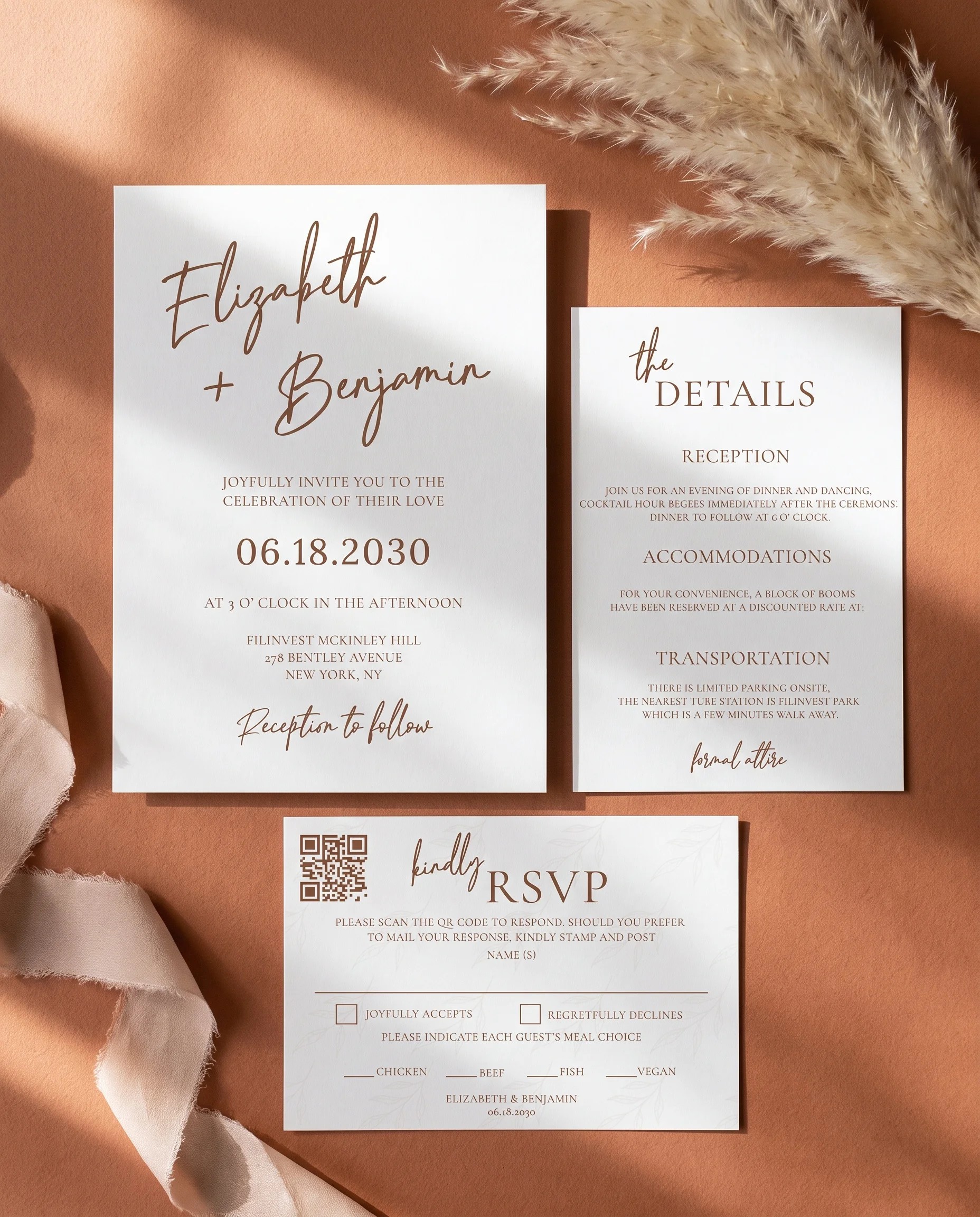 Briar Script wedding invitation set — invitation, details card, and RSVP card, printable wedding stationery template