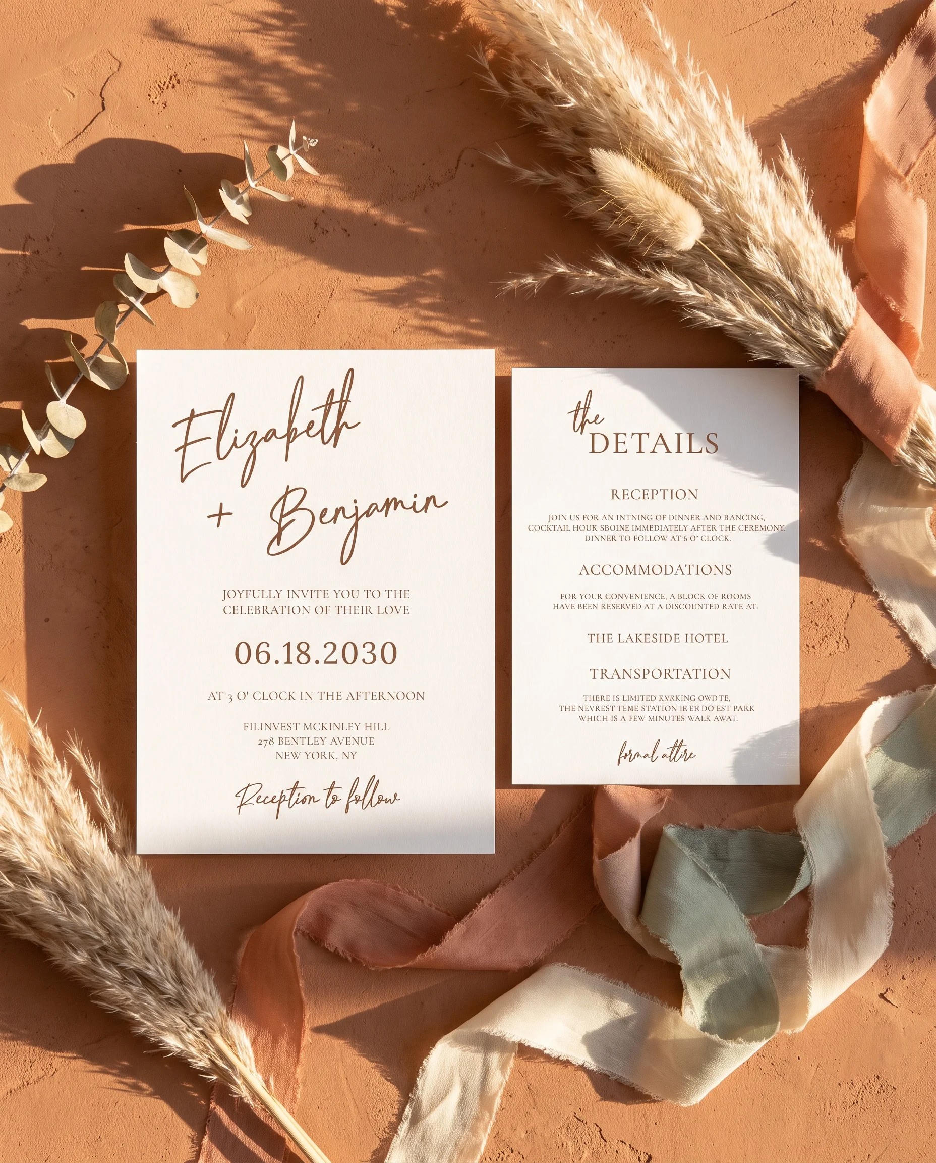 Briar Script wedding invitation suite — invitation and details card, flat lay, editable wedding templates.