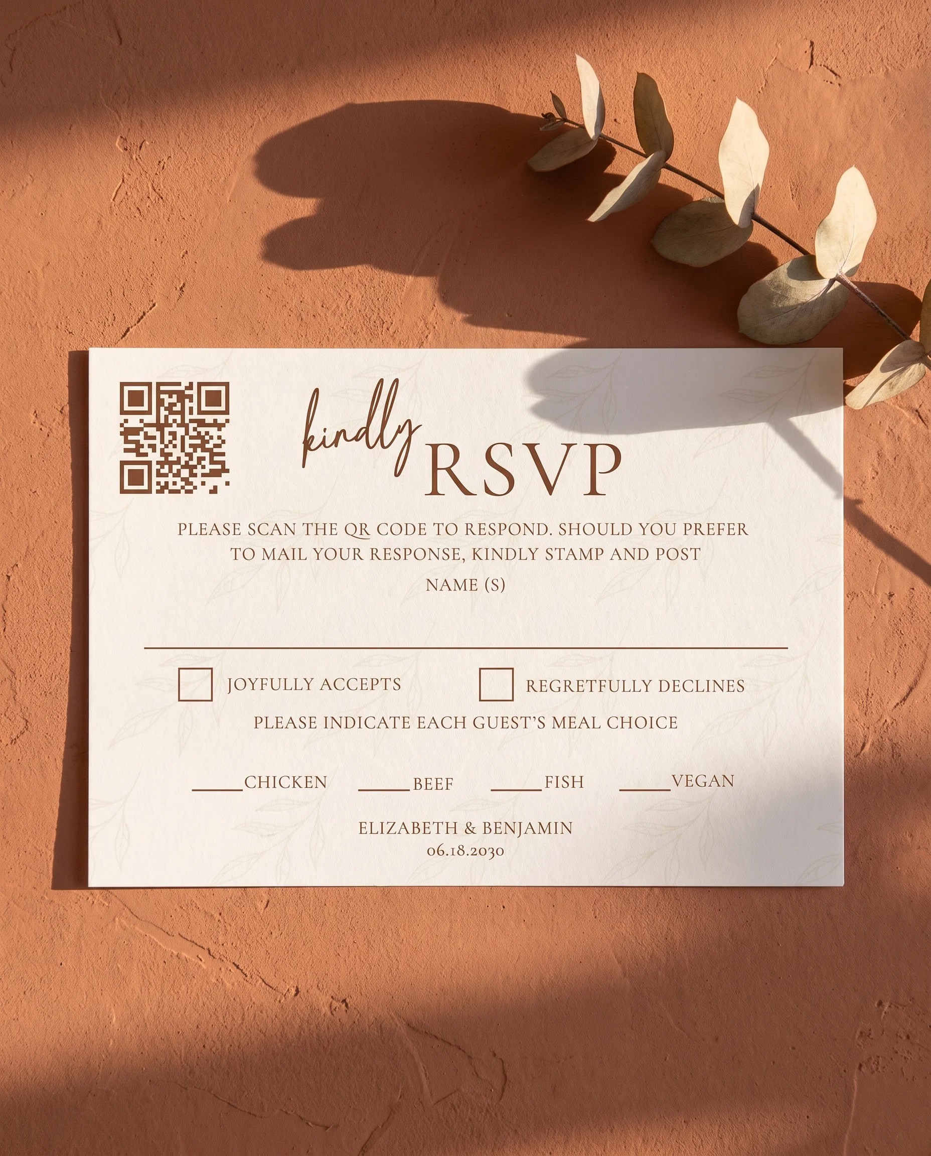 Briar Script wedding invitation suite — card flat lay, slight overhead angle, editable wedding templates.
