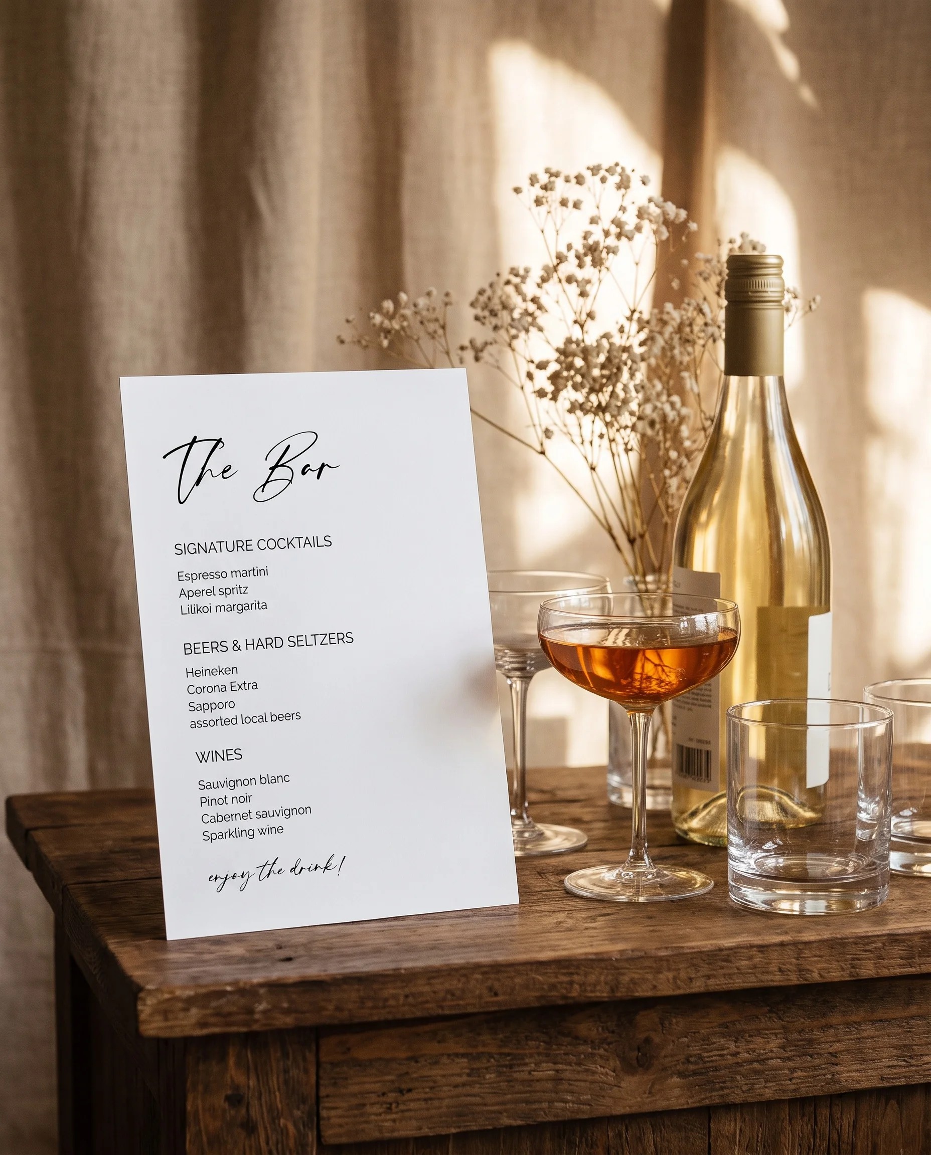 Cathedral — bar menu page displayed on a bar or drinks station under soft natural light, bar menu template