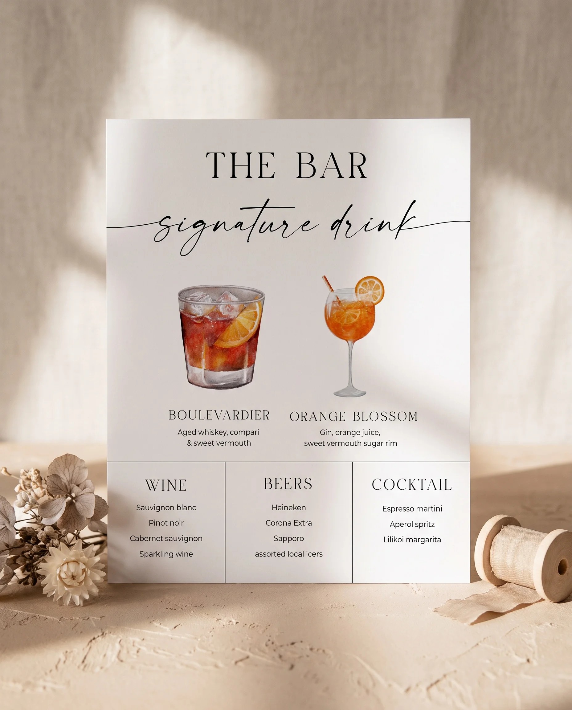 Charline — Bar Menu displayed upright under soft natural light on premium editorial paper, slight overhead angle, wedding bar sign.