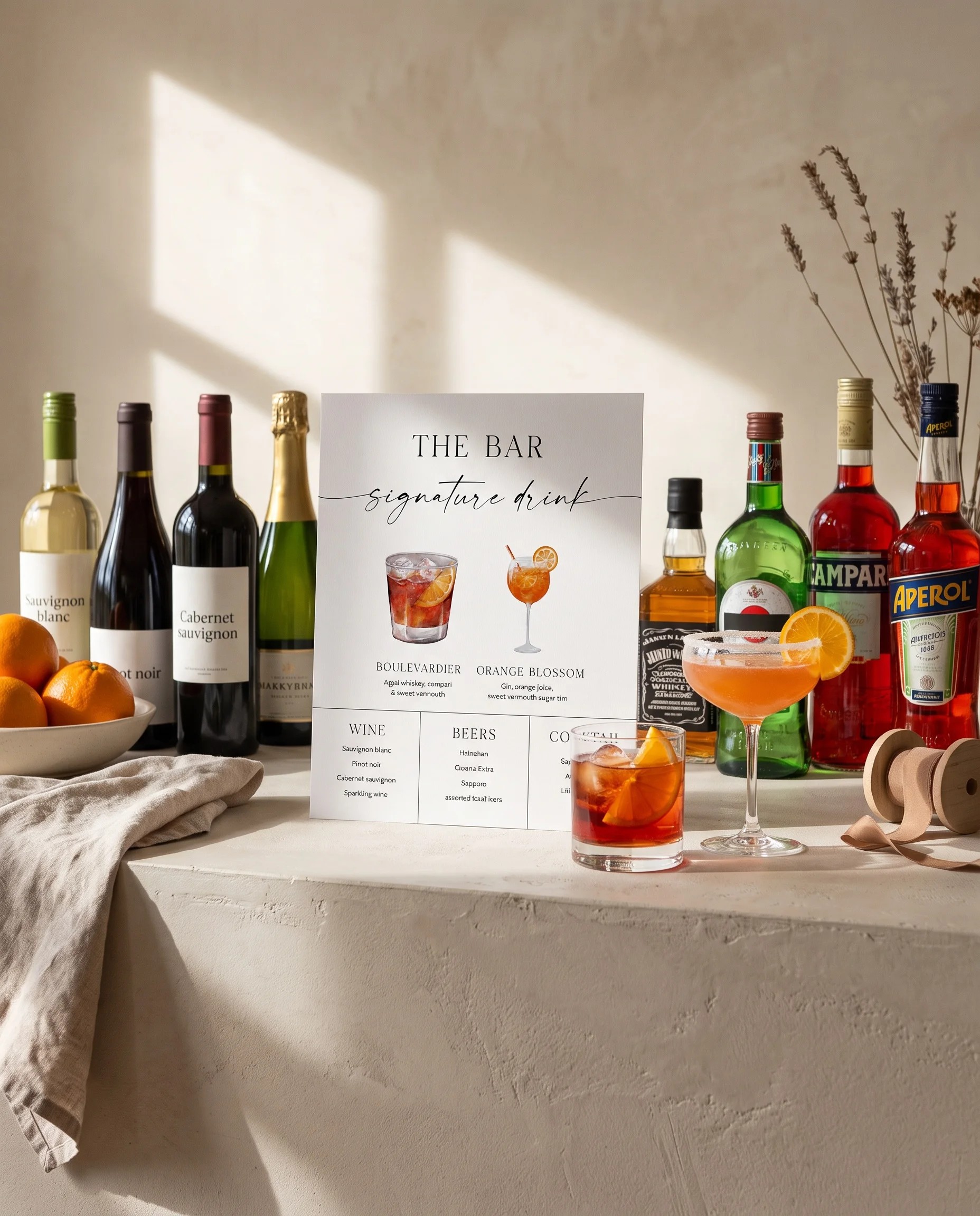 Charline — bar menu displayed on a drinks station under soft natural light at a slight overhead angle, bar menu template.