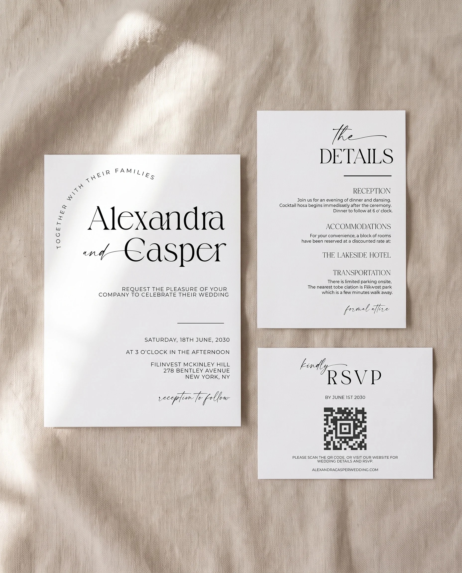 Charline wedding invitation set — page 1, page 2, page 3, printable wedding stationery template