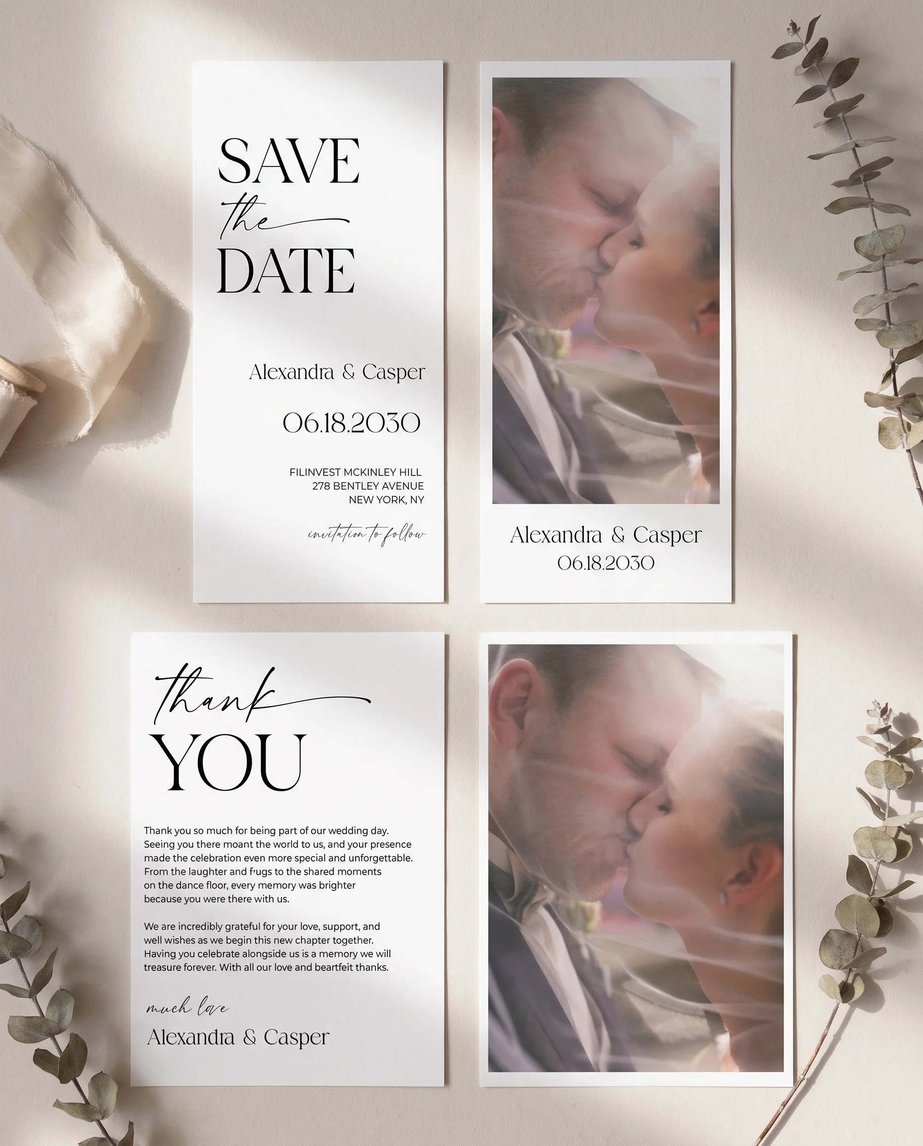 Charline wedding invitation set — invitation, details card, RSVP card, thank you card, printable wedding stationery template