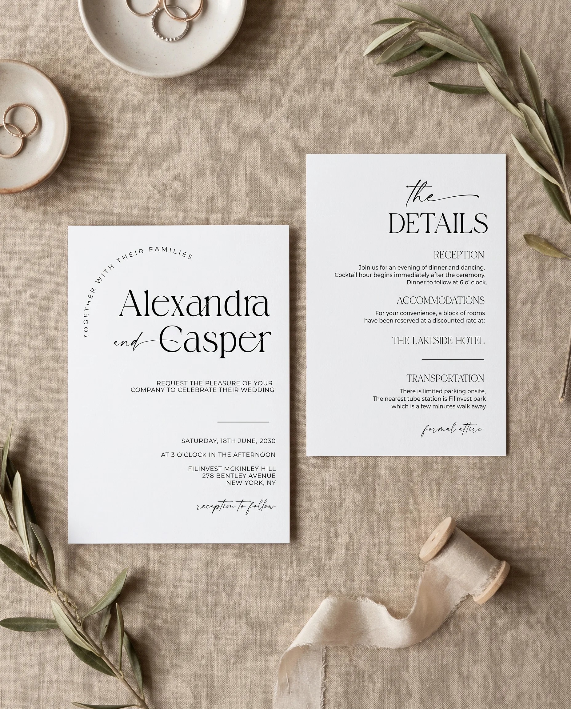 Charline wedding invitation suite — invitation shown in flat lay view, editable wedding templates