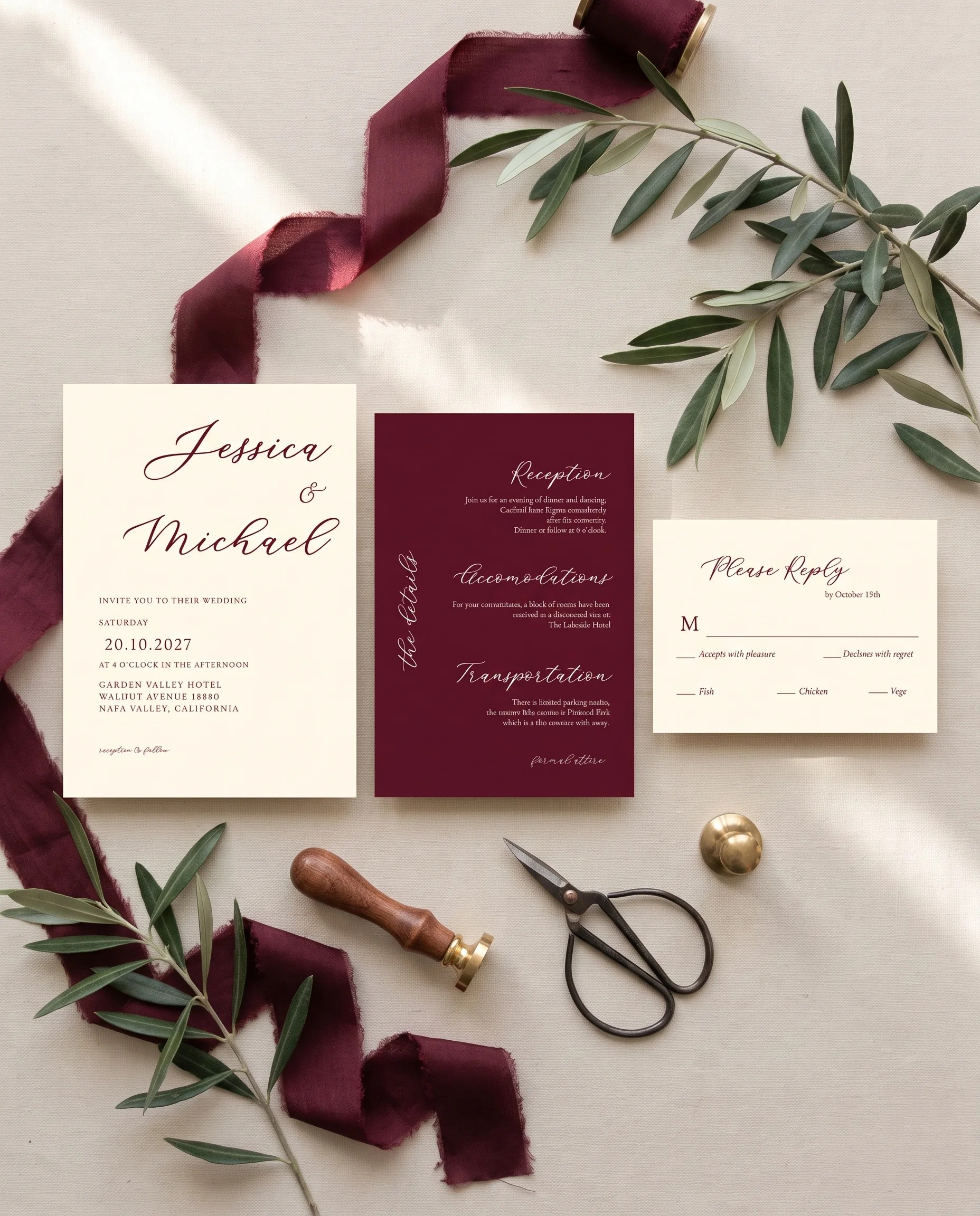 Claret Vine wedding invitation suite — invitation, details card and RSVP shown in a flat lay, wedding invitation templates.