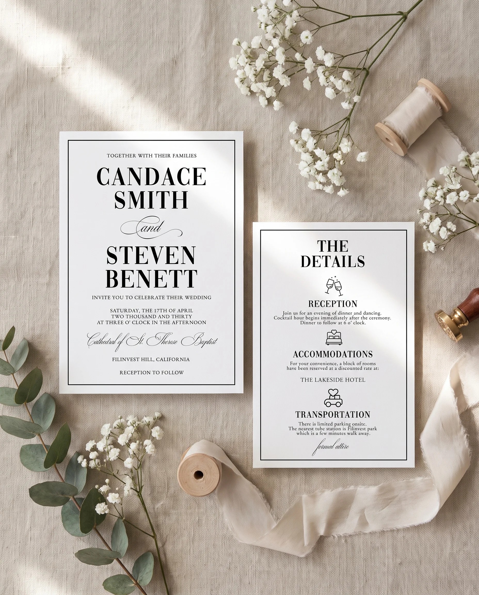 Crestline wedding invitation suite — invitation template shown flat, editable wedding templates.