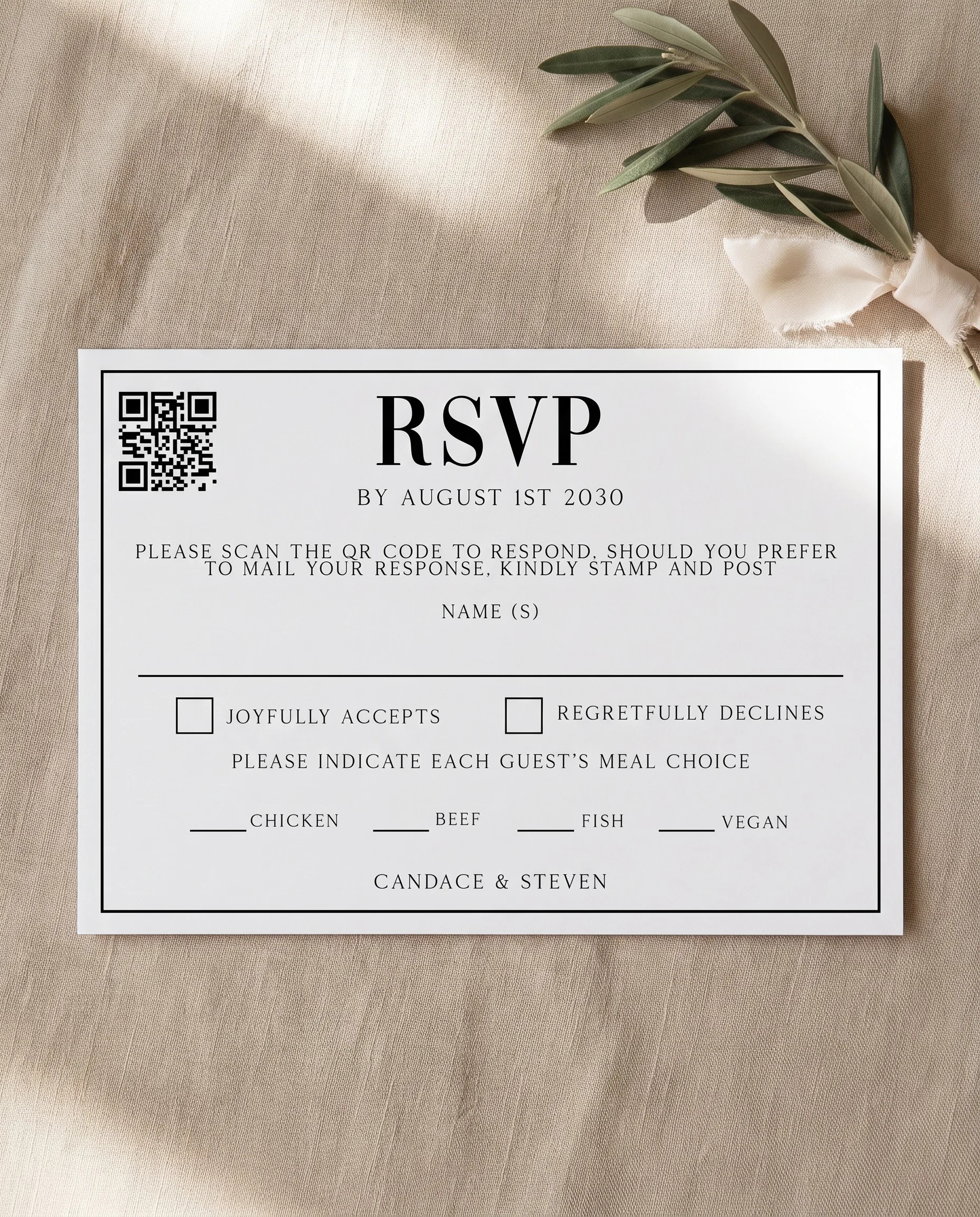 Crestline wedding invitation suite — card shown in flat lay view, editable wedding templates.
