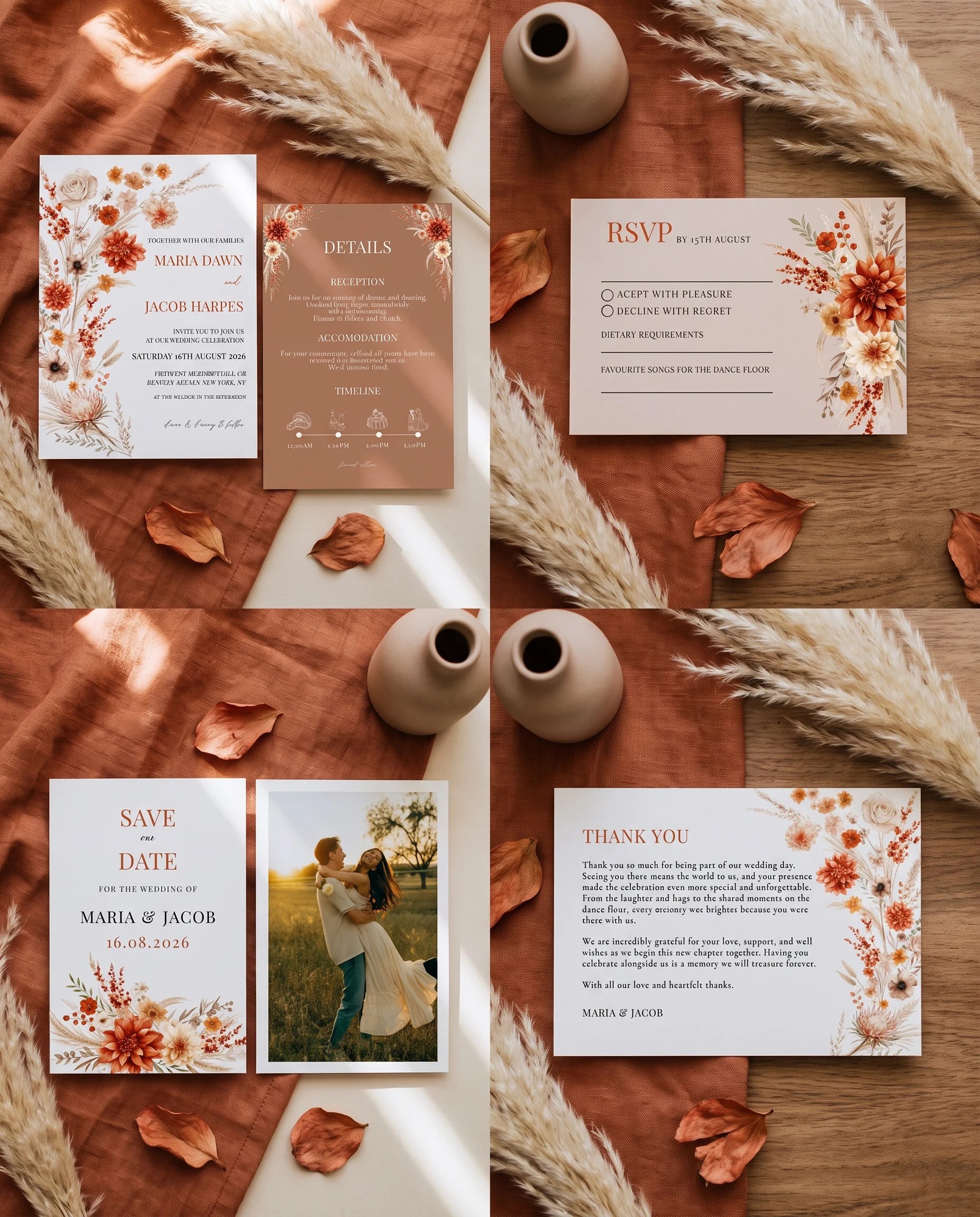 Dahlia Ember wedding invitation set — Invitation, details card, RSVP, save the date and thank you card shown in a flat lay, wedding invitation suite