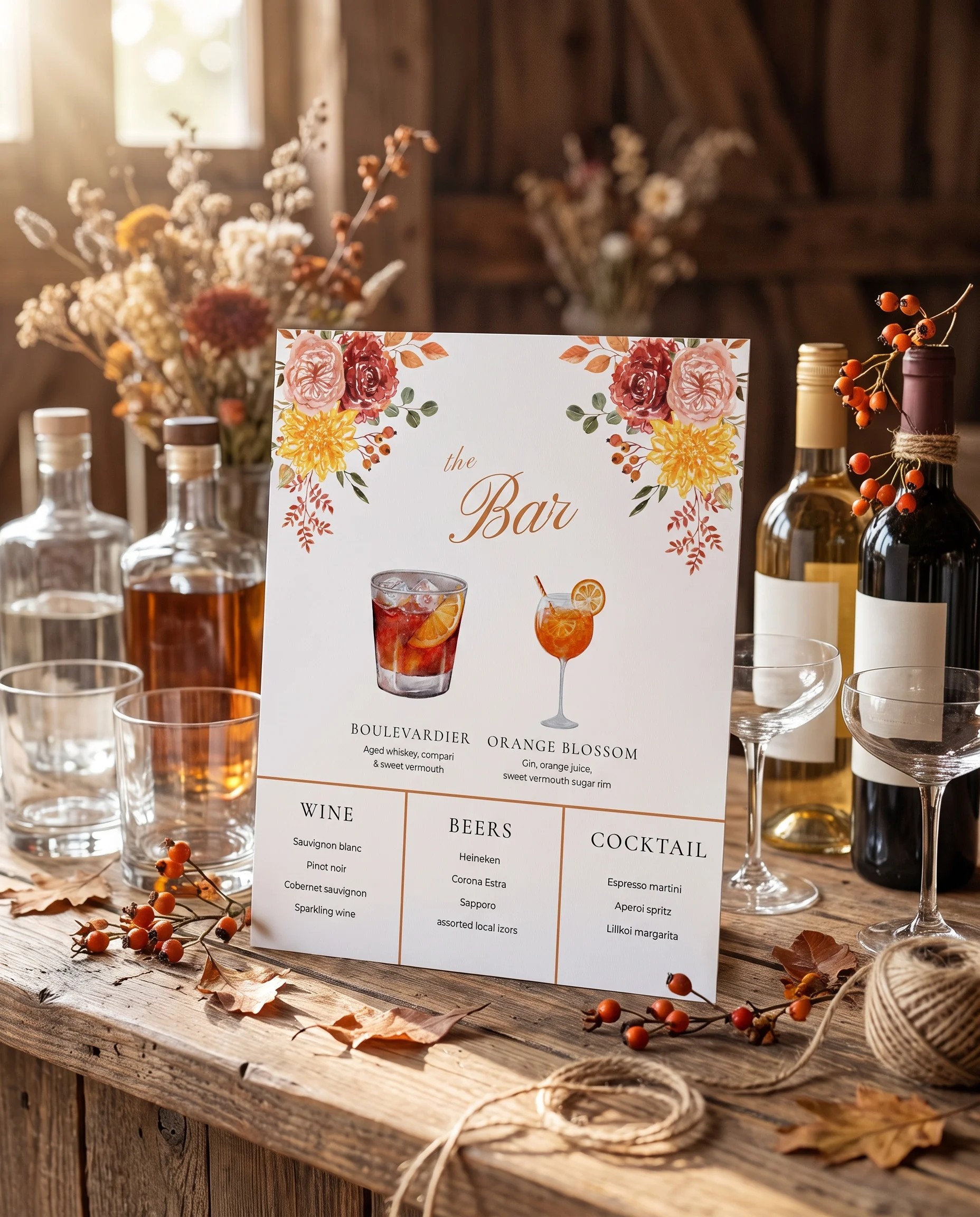 Ember Bloom — single page bar menu displayed on a drinks station under soft natural light, bar menu template.