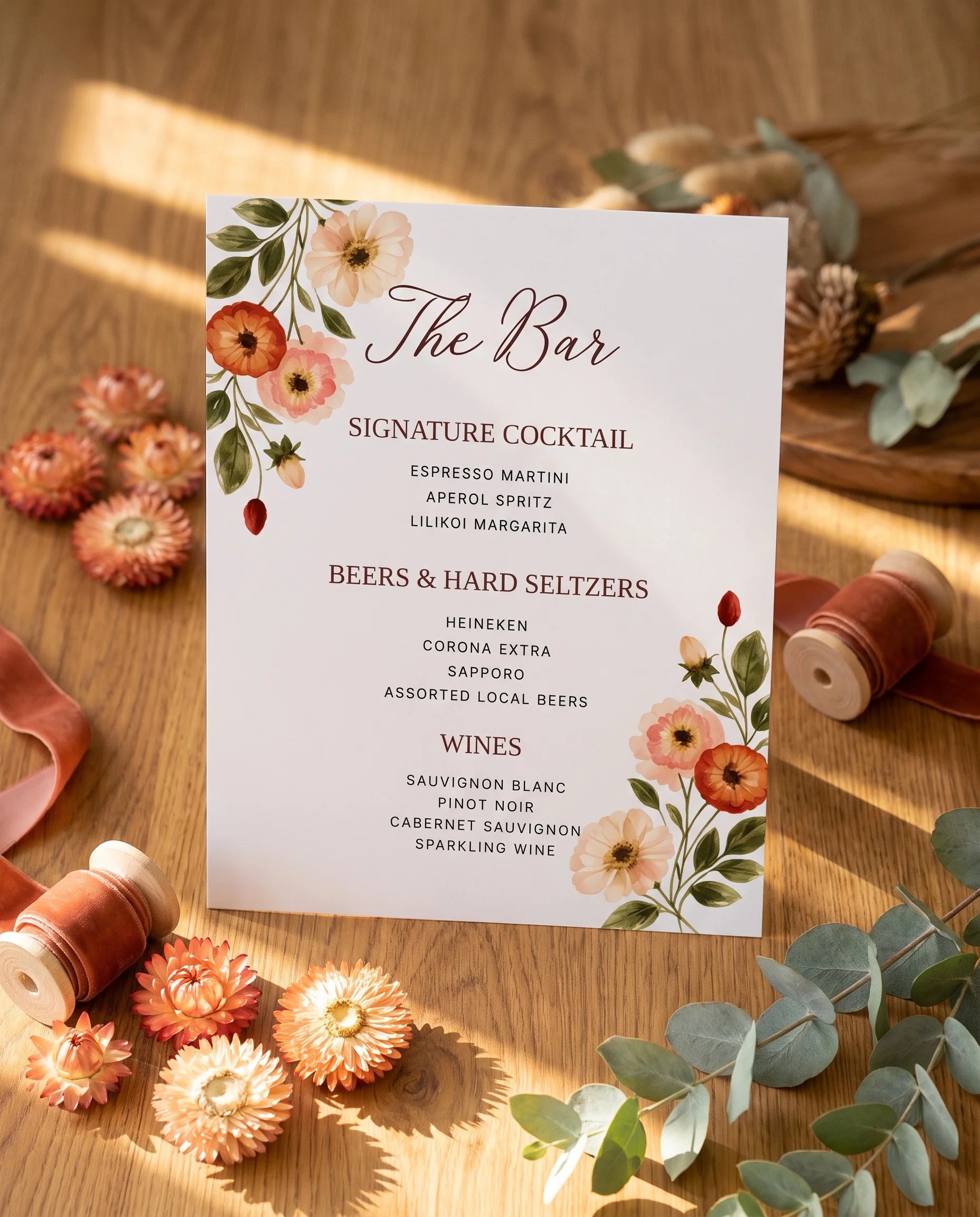 Eucalyptus Bloom — bar menu page displayed upright in a styled setting under soft natural light, wedding bar sign.