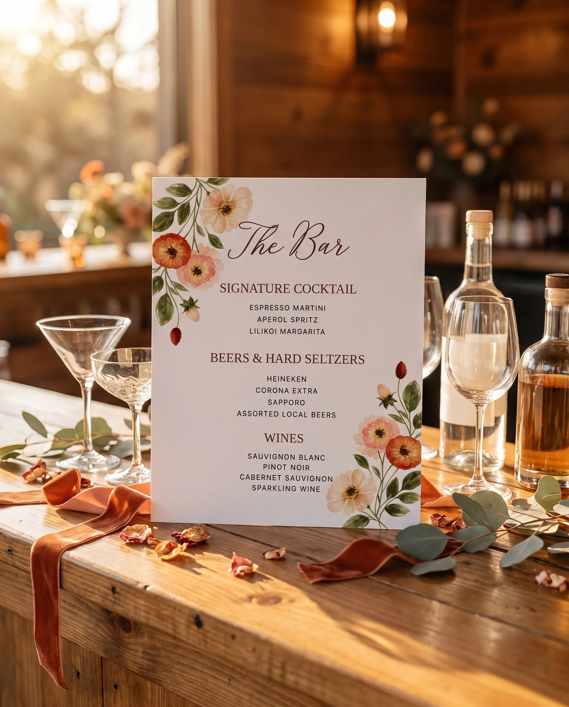 Eucalyptus Bloom — Bar Menu — single page displayed on a bar station under soft natural light, slight overhead angle, bar menu template.