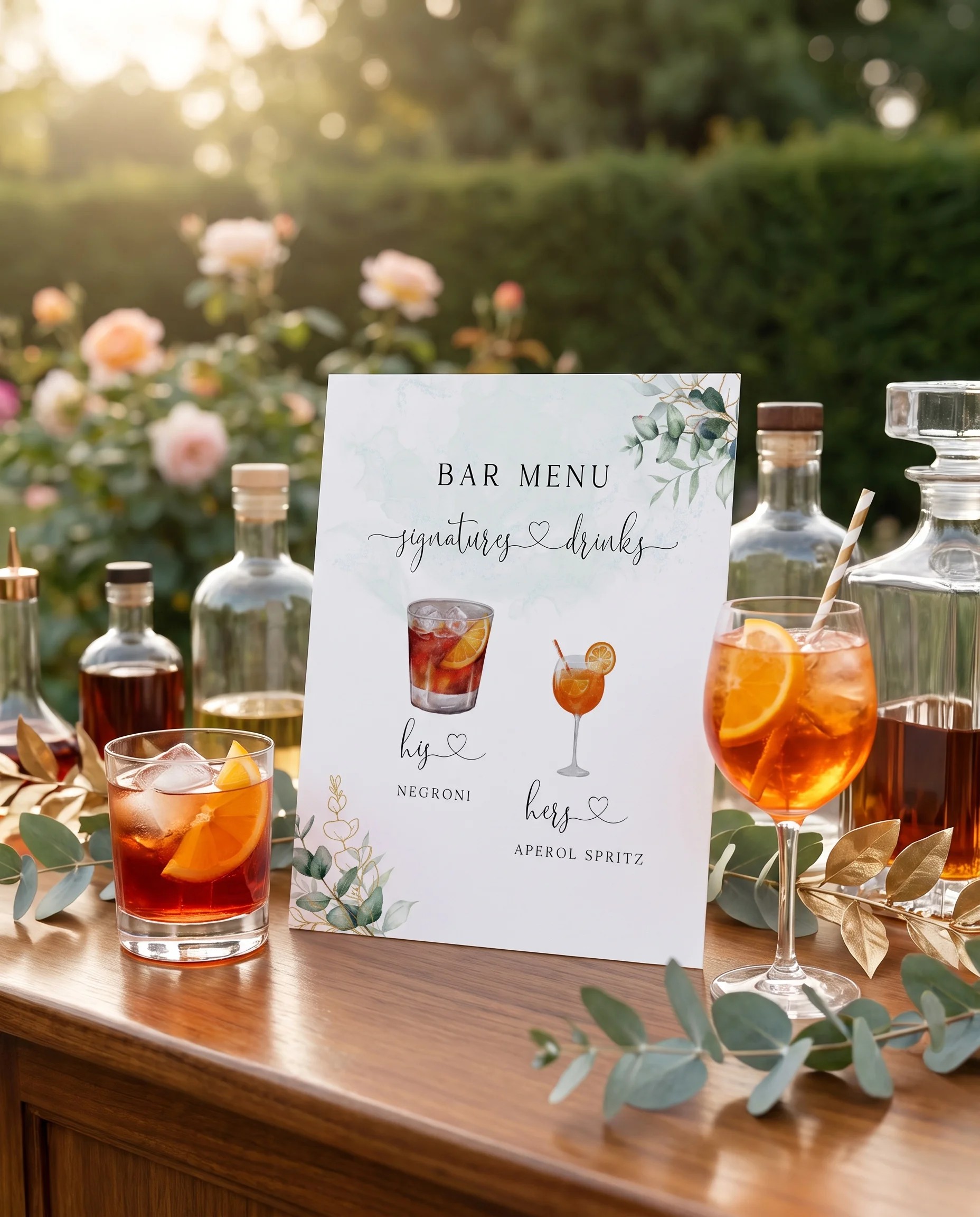 Eucalyptus Gold — bar menu page displayed on a drinks station under soft natural light, slight overhead angle, bar menu template.